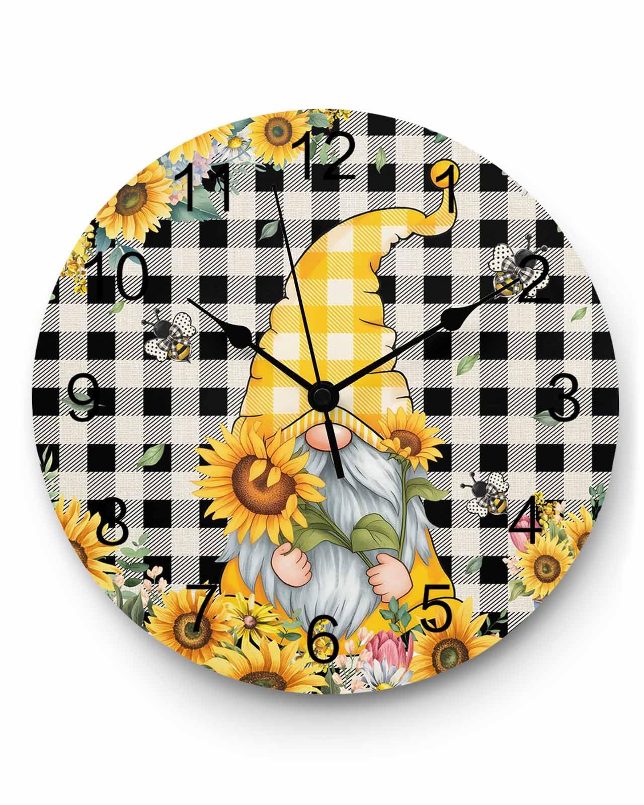 Ensound Wall Clock Ellow Sunflower Gnome Clocks Wooden Silent Non-Ticking Battery Operated Decorative Bee Farmhouse Black Plaid Round Clock for Home Living Room Kitchen Bedroom Office School 12 Inch