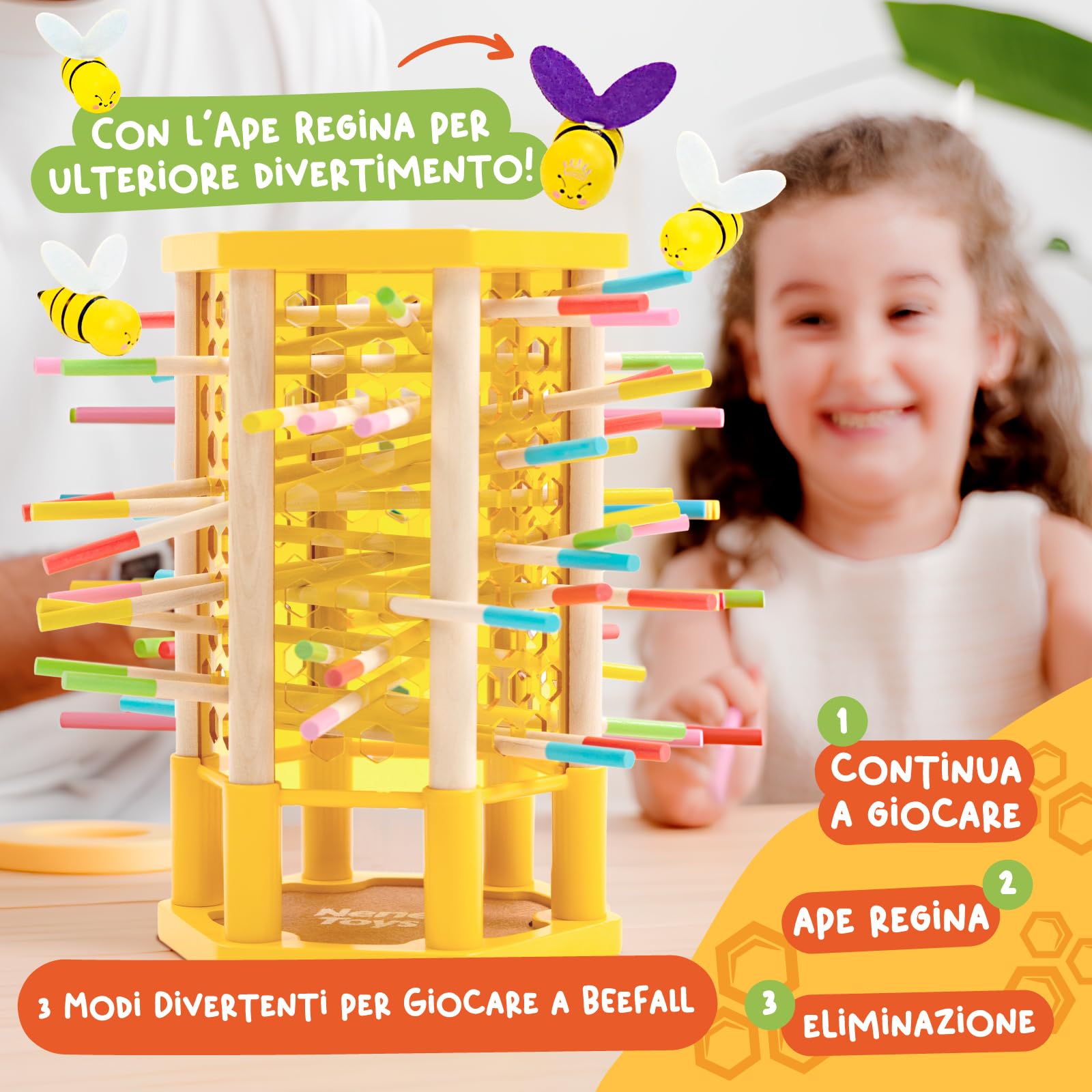 Nene Toys BEEFALL Grande, Gioco Montessori 4-in-1 per Bambini 3-9 Anni - Gioco Educativo in Legno con Alveare, 12 Api, Bastoncini Colorati, Dadi e Carte - Gioco per la Famiglia