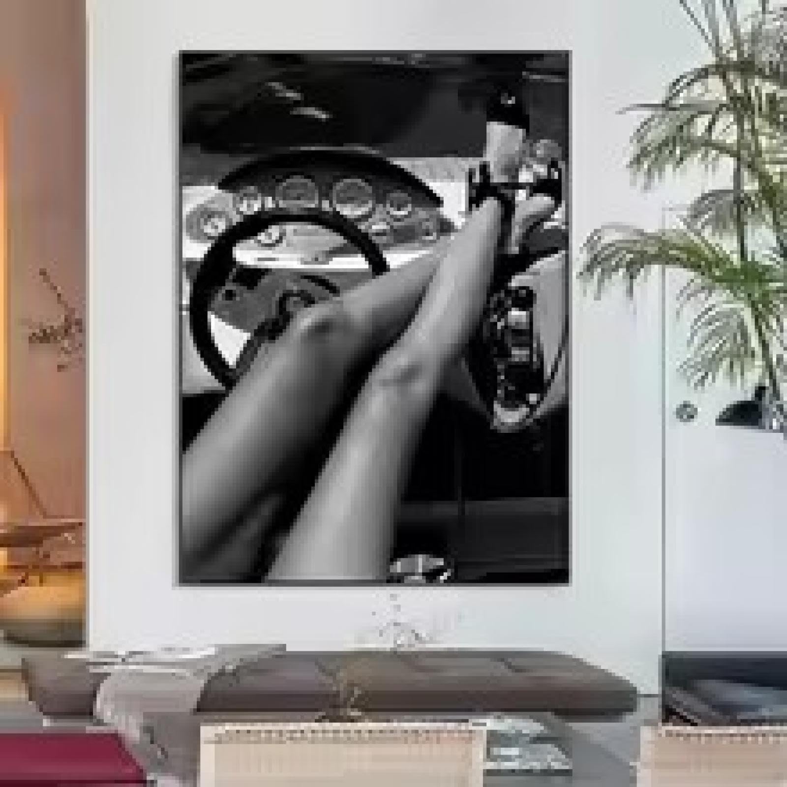 MAIMANG Moda kobieta plakat wysokie obcasy w klasycznym samochodzie nadruk czarno-biały sypialnia sztuka dziewczyny płótno farba dekoracja ścienna 70 x 100 cm bez ramy