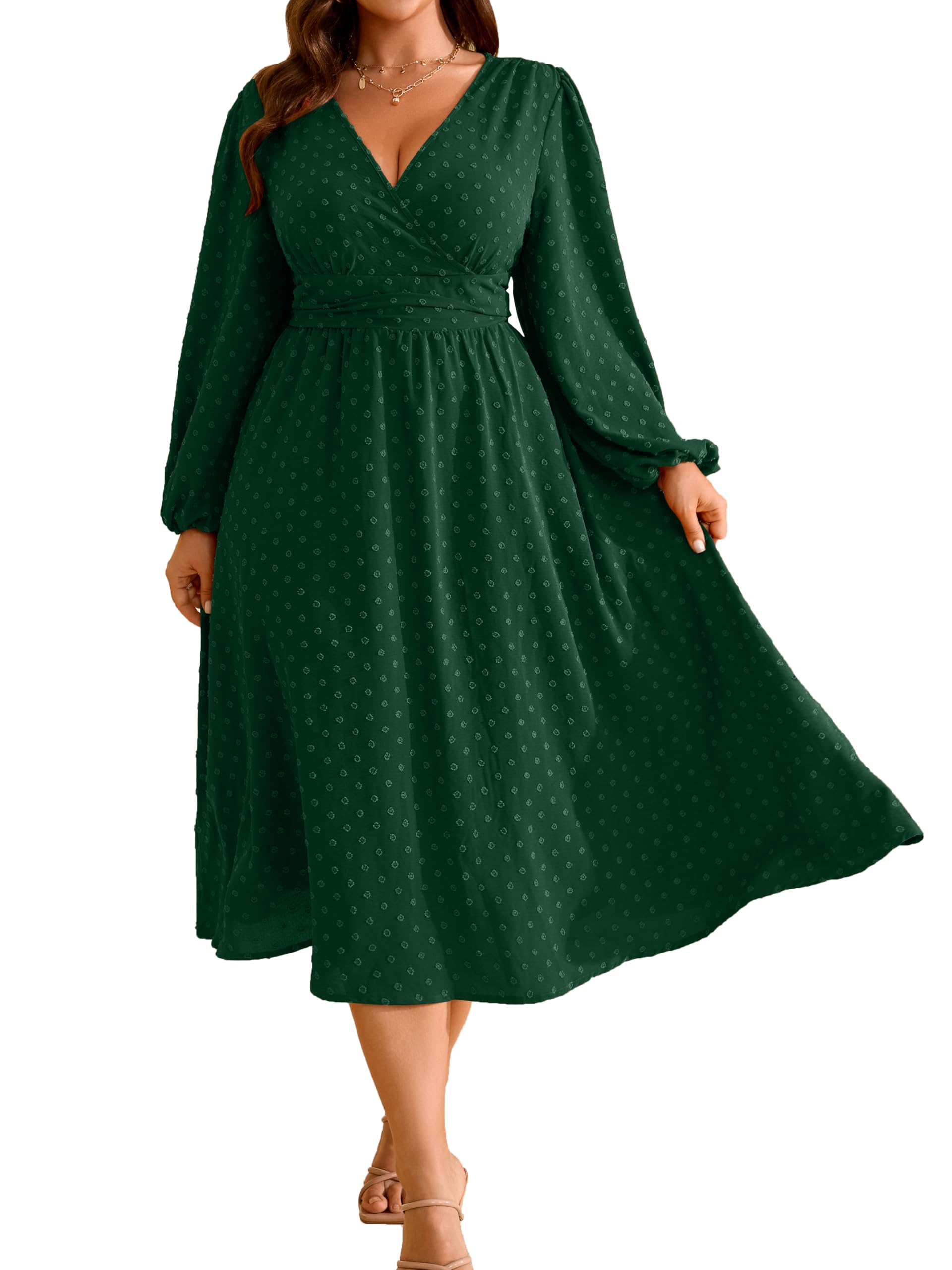 RWJ Womens Plus Size Fall Wedding Guest Dress Wrap V Neck Swiss Dot Lantern Long Sleeve Swing Boho