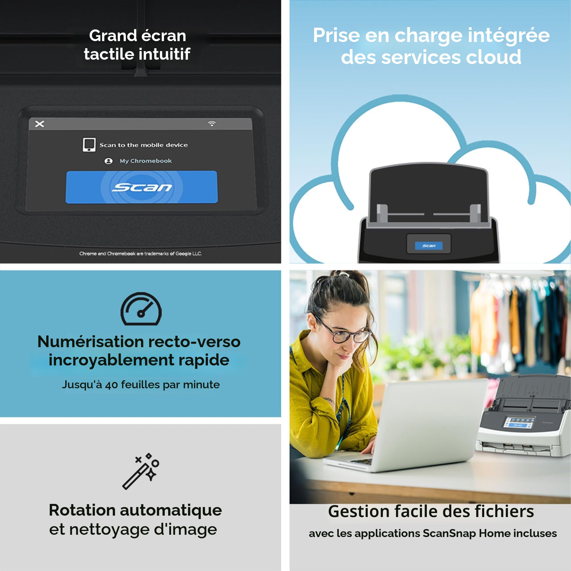 ScanSnap iX1600 Noir Scanner de Documents - 5GHz - Recto Verso, ADF, A4, Wi-FI, sans Fil, USB 3.2