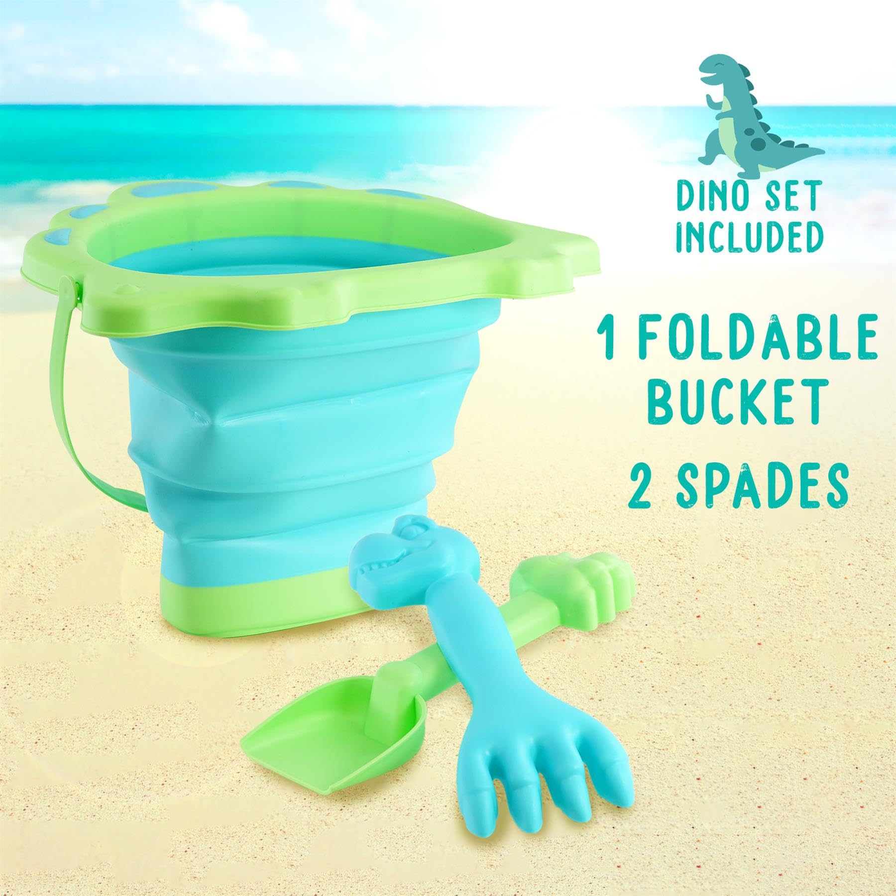 The Magic Toy Shop Pool Toys Play Sand Pit Kits Beach Bucket and Spade Set for Kids Pink Dinosaur Shaped Collapsible Foldable Plastic Bucket Outdoor - Image 2