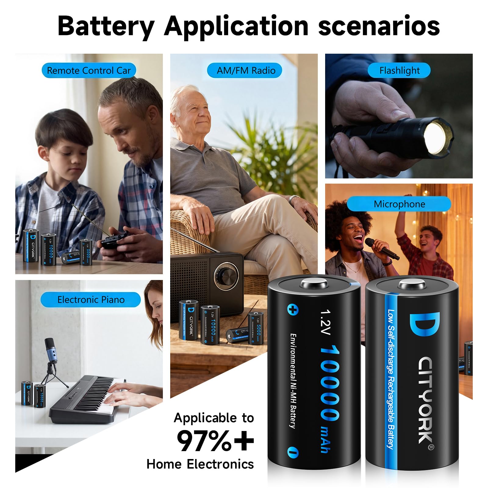CITYORK Lot de 4 piles rechargeables Ni-MH 10 000 mAh avec 8 baies 1,2 V AA AAA C D LCD Chargeur de batterie universel