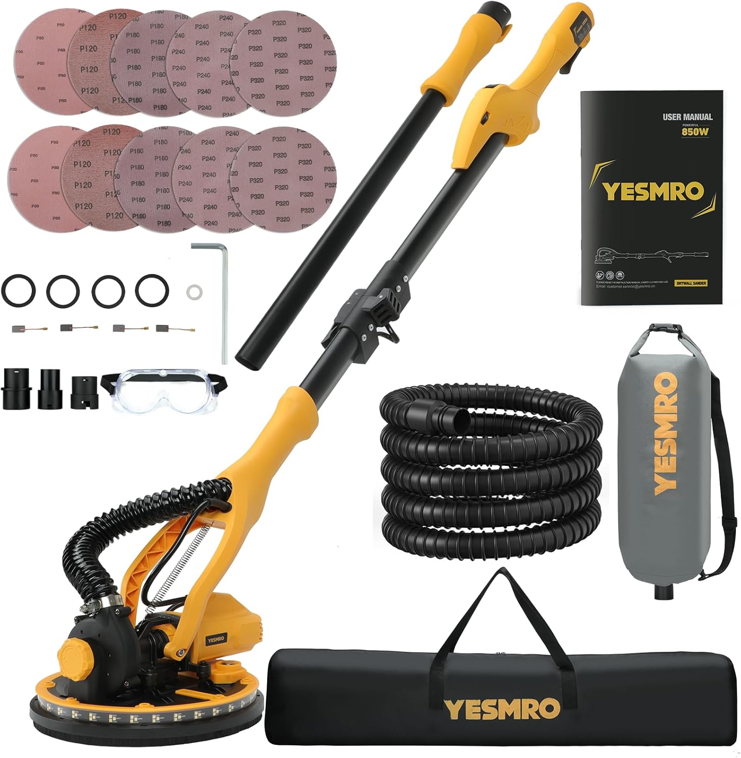 Drywall Sander, 850w Popcorn Ceiling Removal Tool,Variable Speed 800-2100rpm,Double-Deck LED Light, Foldable & Extendable Handle, 10 Sanding Discs