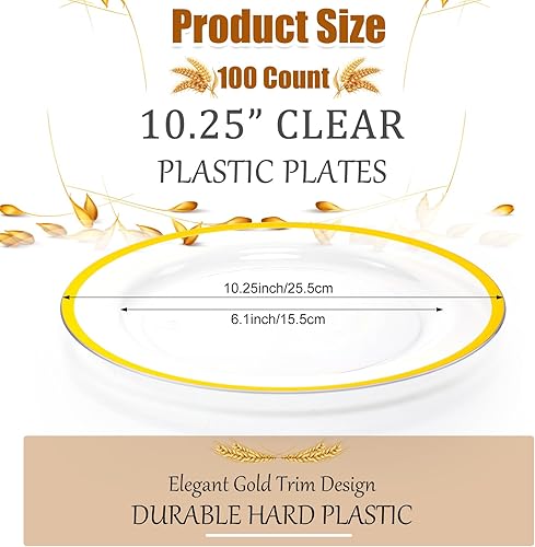 Miniatura 2 de meekoo 100 platos de plástico transparente de 10.25 pulgadas, platos llanos dorados resistentes transparentes y desechables dorados para bodas y