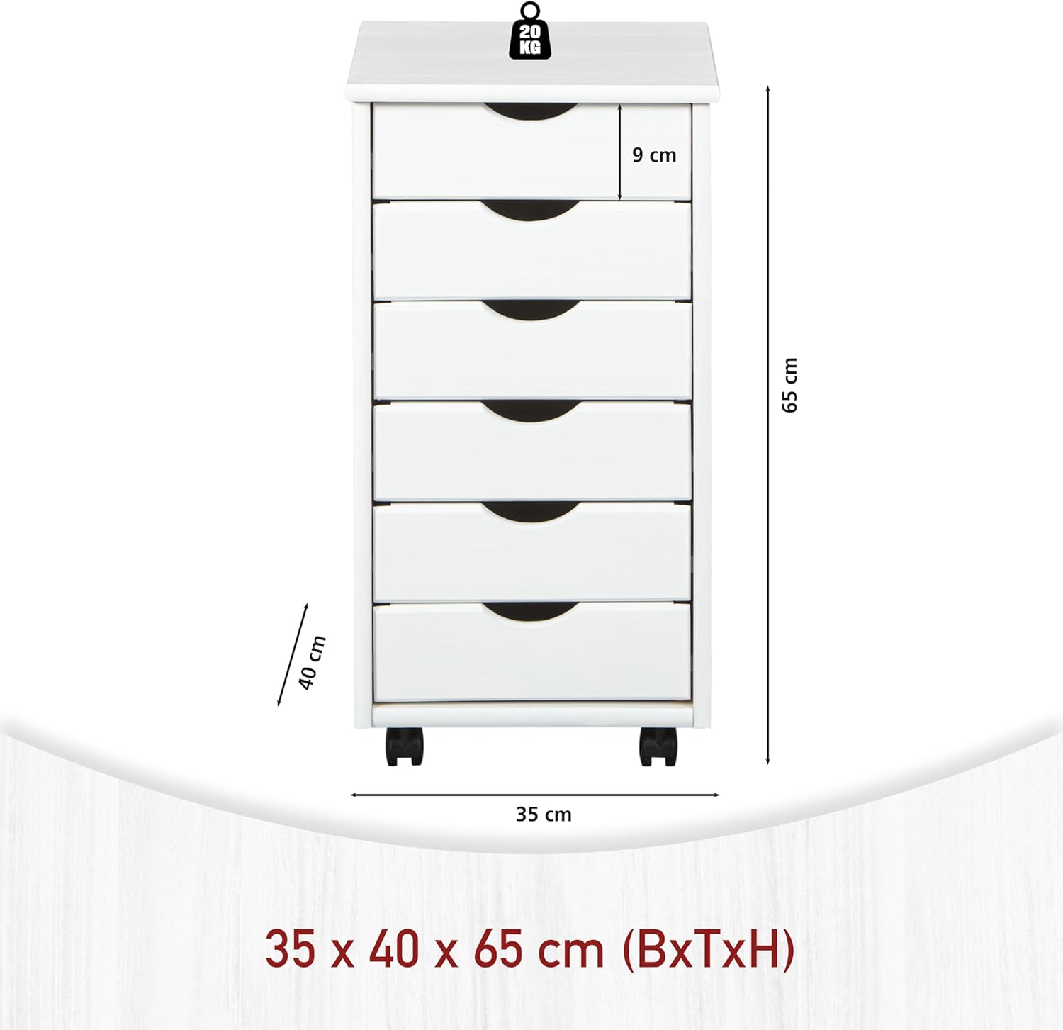 Diagram showing the dimensions of the mobile pedestal: 35 cm width, 40 cm depth, 65 cm height