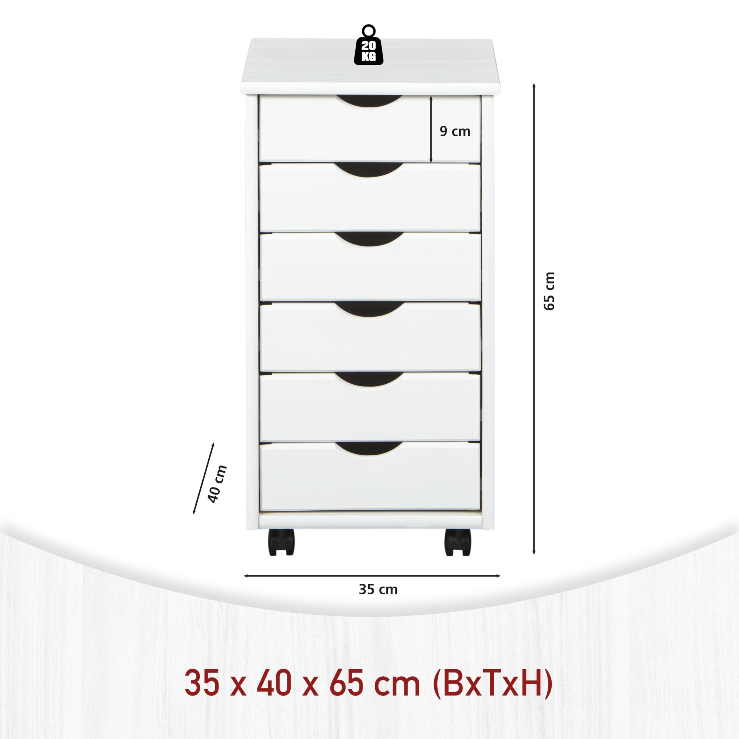Inter Link – Caisson de bureau à roulettes – Avec tiroirs – Meuble de rangement mobile - Pin massif - 6 tiroirs – Blanc vernis