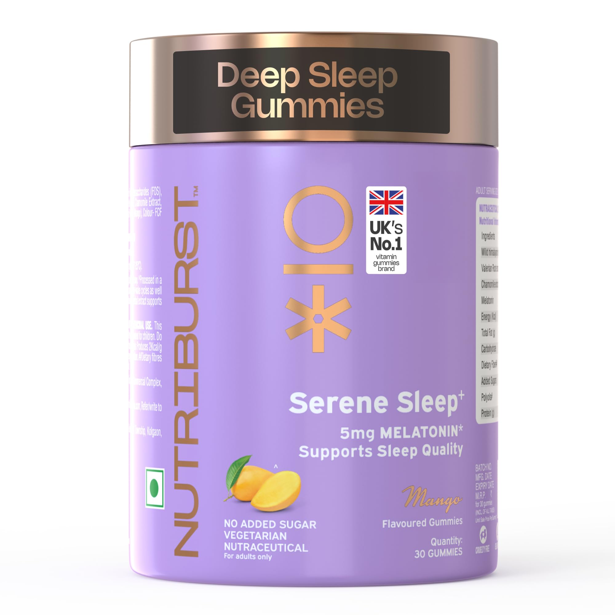 Nutriburst Serene Sleep 5MG Melatonin Gummies for Quality Deep Sleep, Fresh Wake Up | No Stress & Anxiety | Natural Non-Addictive, Non Habit Forming Sleep-Aid | Mango Flavor (30 Gummy)