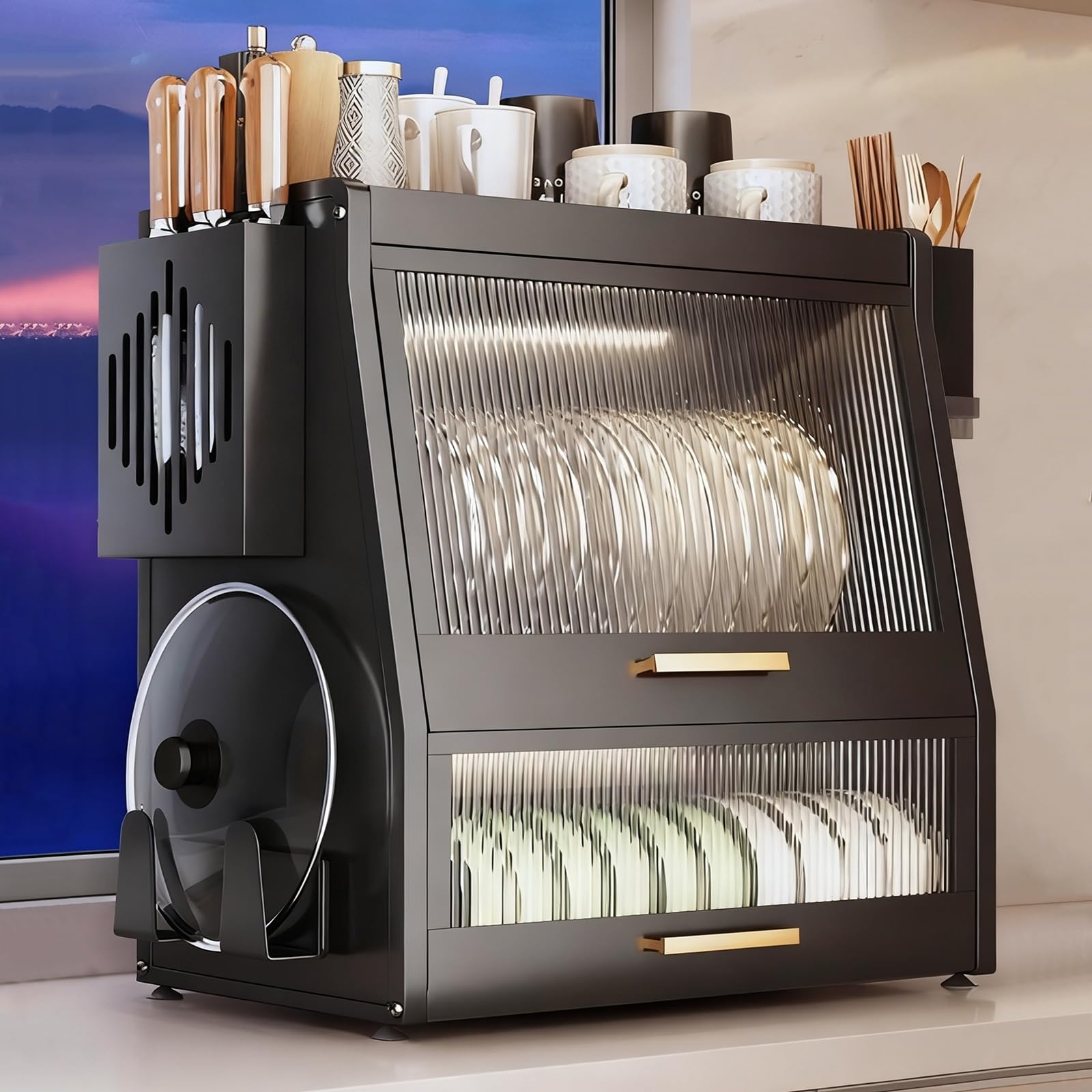 Escurridor de platos, organizador de encimera de cocina, estante de almacenamiento de acero al carbono con gabinete de cubierta abatible, diseño que ahorra espacio para platos, vasos y cuencos