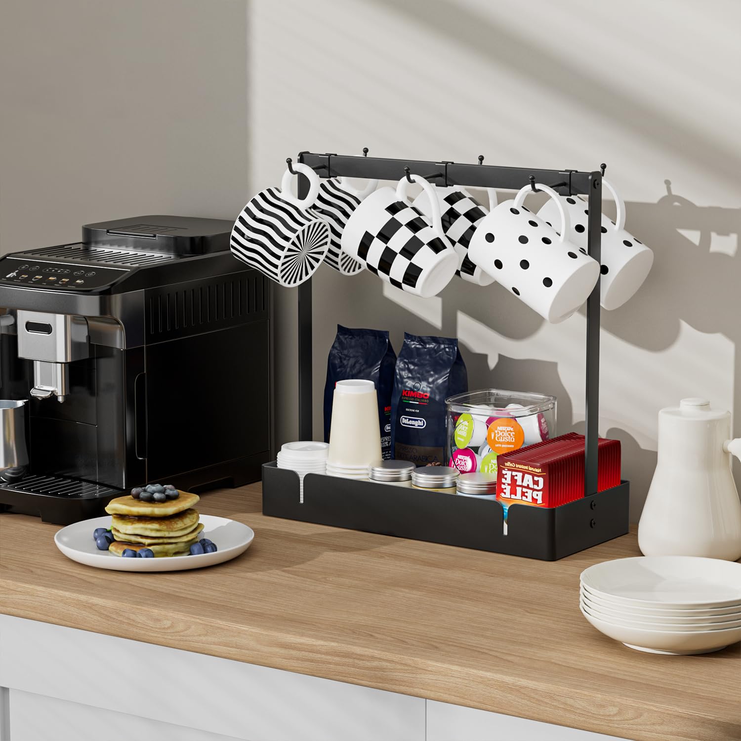 Portatazze A 2 Livelli In Legno E MDF – Organizer Da Cucina Per Tazze, Libri E Accessori, Supporto Da Tavolo Multifunzionale