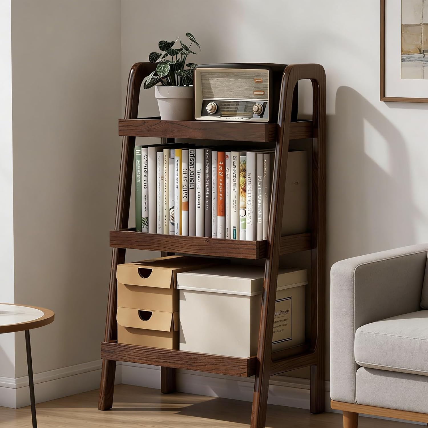 Classic Solid Wood Trapezoidal Storage Rack, Three-Layer Open Independent Storage Rack, Compact Trapezoidal Bookshelf, Suitable For Living Room, Bedroom, Study, Balcony, Home Office (Walnut)