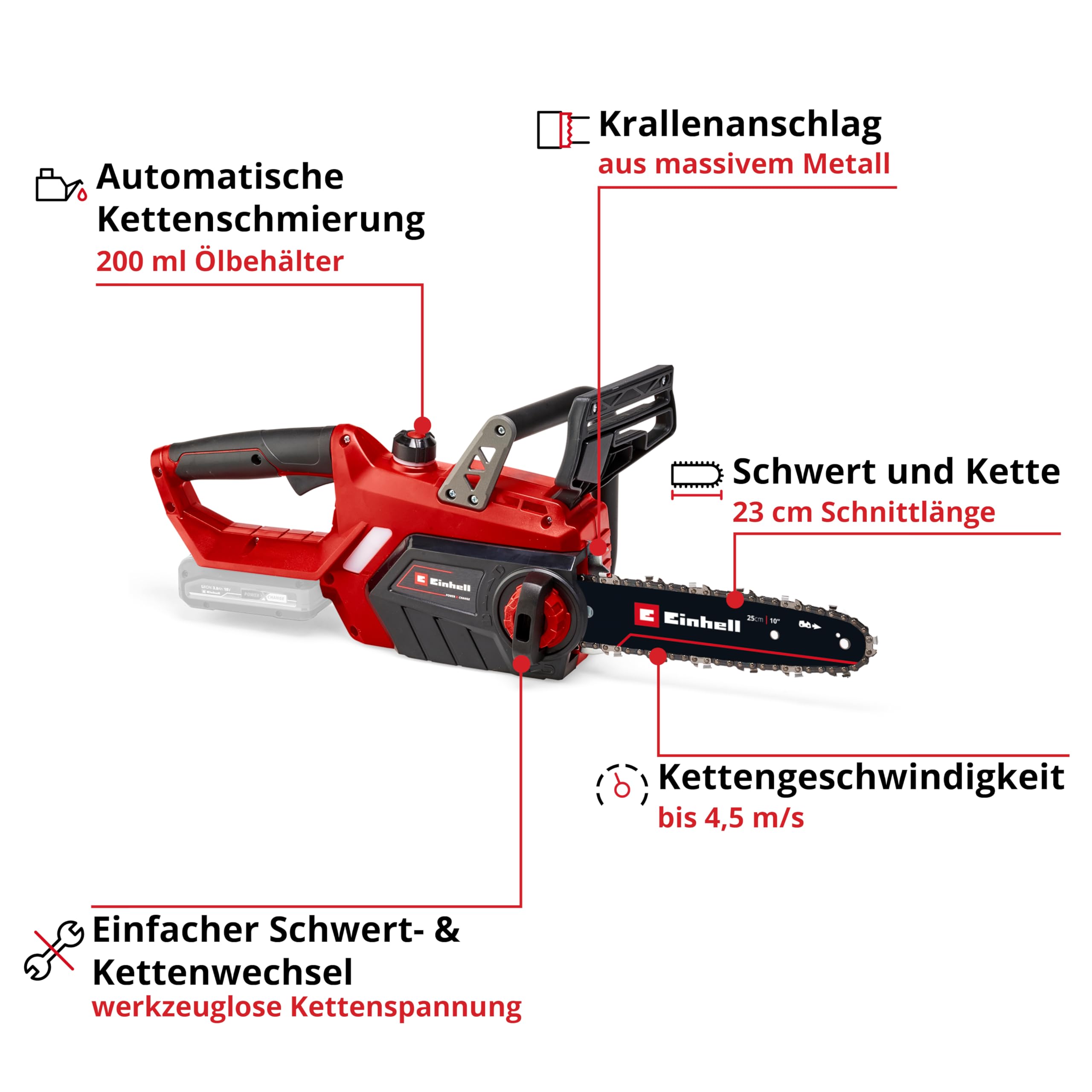 Einhell Akku-Kettensäge GE-LC 18/25 Li-Solo Power X-Change (18 V, 23 cm Schnittlänge, 4,5 m/s Kettengeschwindigkeit, autom. Kettenschmierung, werkzeuglose Kettenspannung, ohne Akku)