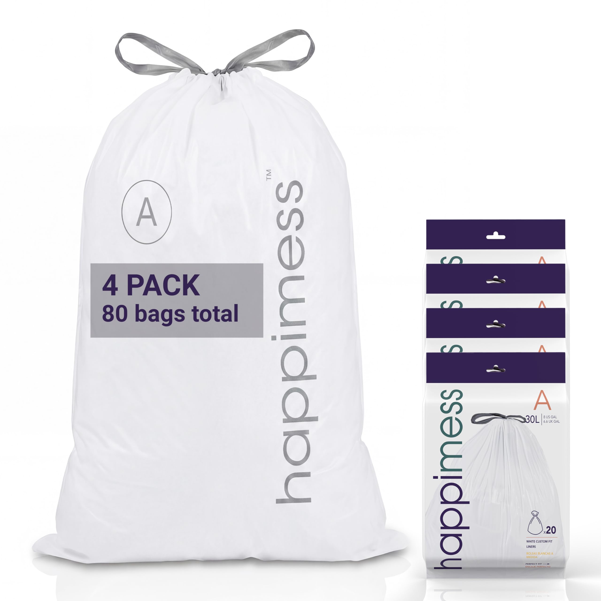 happimess White / 80 Count (Pack of 1) / 8.0 gallons Trash Bags