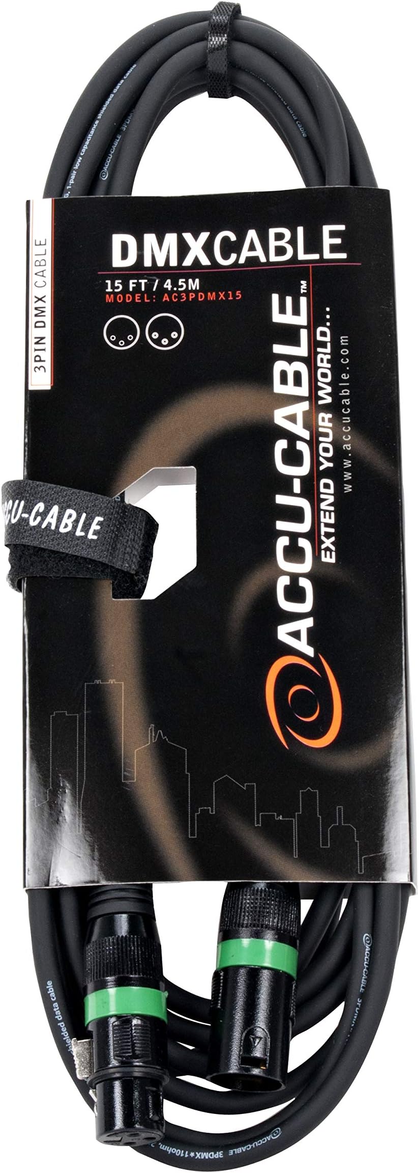 Accu Cable AC3PDMX15 , DMX Stage Light Cable, 3 Pin Male to 3 Pin Female Connection (15 FT)