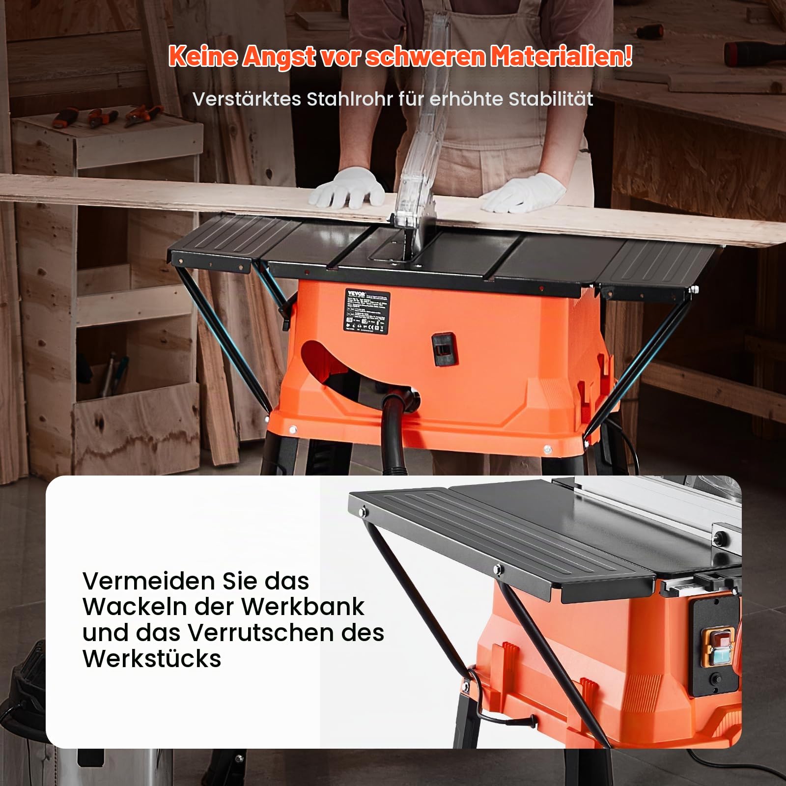 VEVOR Tischkreissäge mit Ständer, 254 mm, 1800 W Baukreissäge, 200 mm max. Schnittkapazität, 4800 U/min Schnittgeschwindigkeit, mit 24-Zahn-Sägeblatt, Gehrungssäge für Holzbearbeitung und Möbelbau