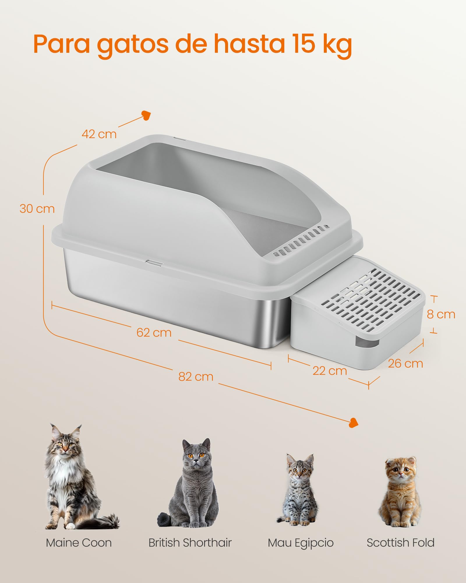 Feandrea Arenero para Gatos de Acero Inoxidable, Bandeja Alta con Apertura Superior, Escalón, Pala y Cepillo, para Gatos de hasta 15 kg, Gris Paloma PPT008GD01