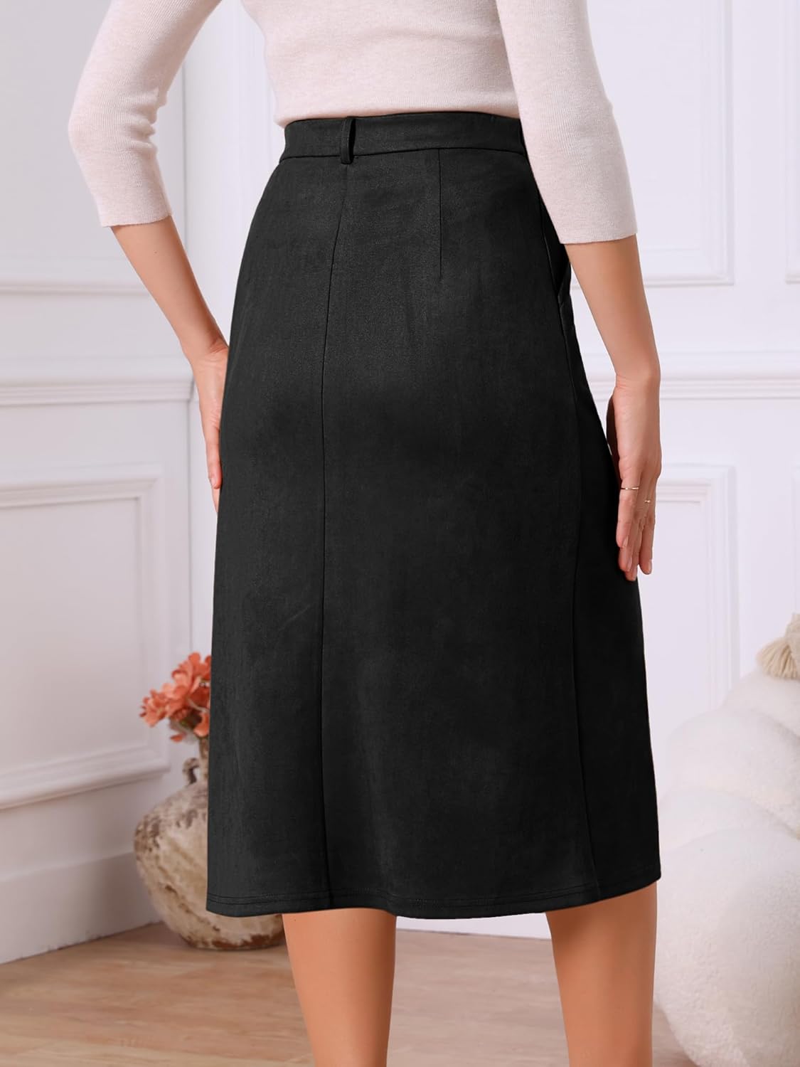 Seta T Women's Faux Suede Skirts Elastic High Waist Fall Winter A-Line Midi Skirt with Pockets - Image 6