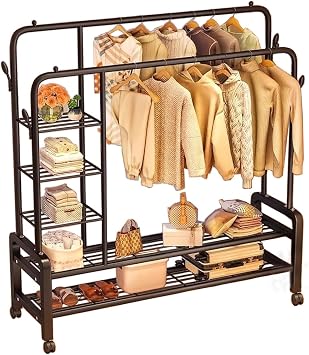 Heavy Duty Clothes Rail120kg Capacity Black Metal Double Hanging Rails, Shoe Rack Storage Shelves, 4 Coat Hooks