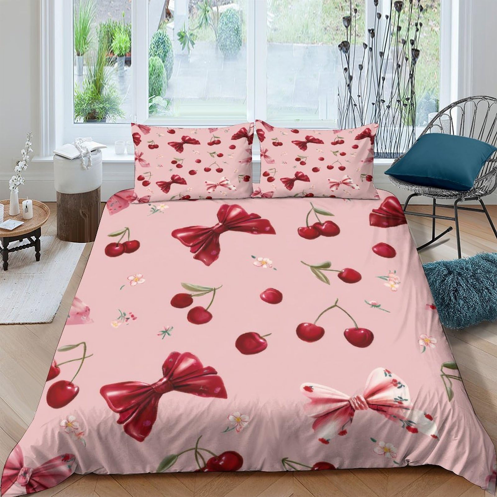 Ctjqhvkz Style-6 3D Printed Cherry Bow Fitted Sheet Microfiber Bedroom Decor Anti-Slip Easy Care Bed Cover For Home Guest Room Single（135X200cm）