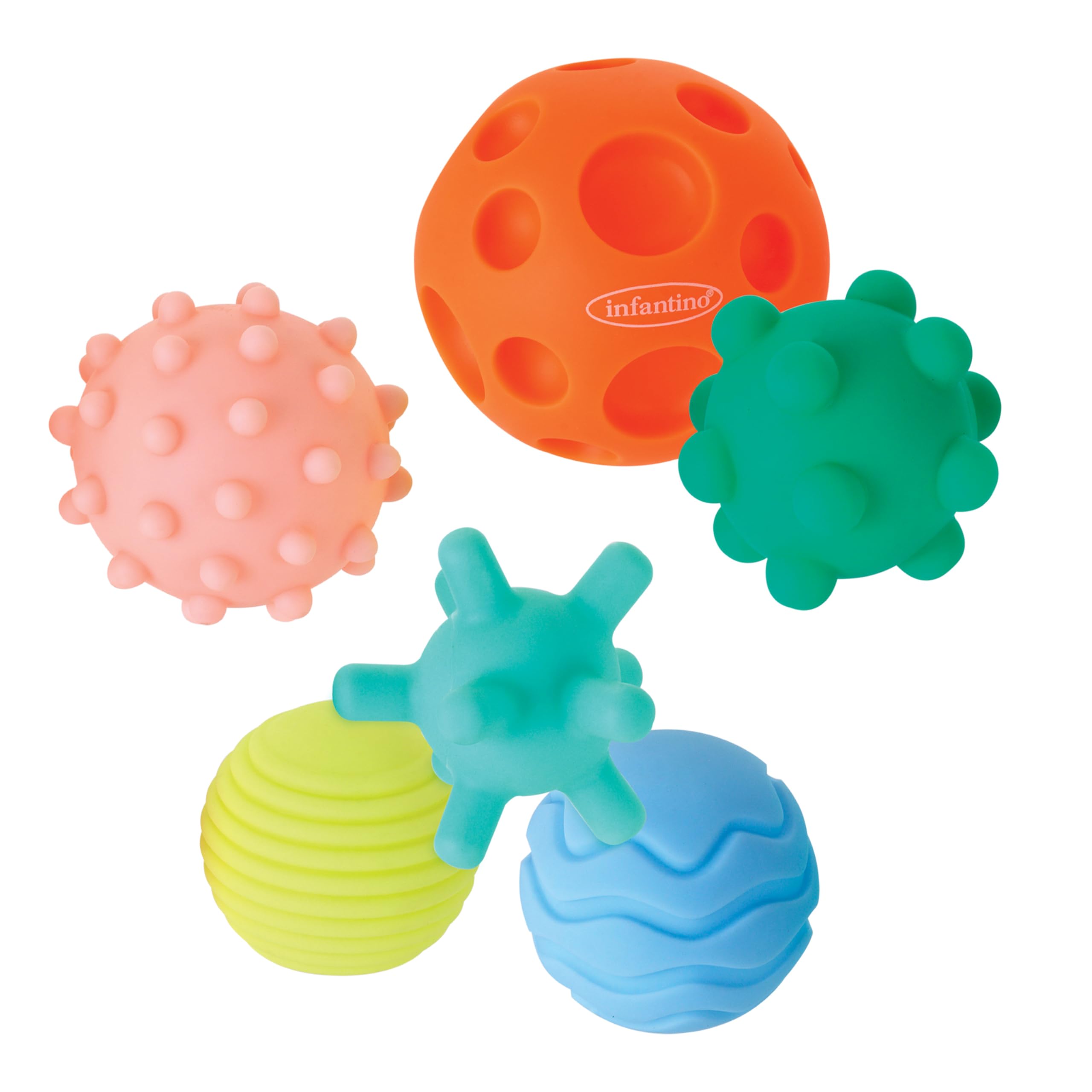 INFANTINO Textured Multi Ball Set, Sensory Toys, Soft Tactile Balls for Motor Skills, Multiple Colors and Shapes, BPA Free, for Babies and Toddlers 6+ Months, 6-Piece