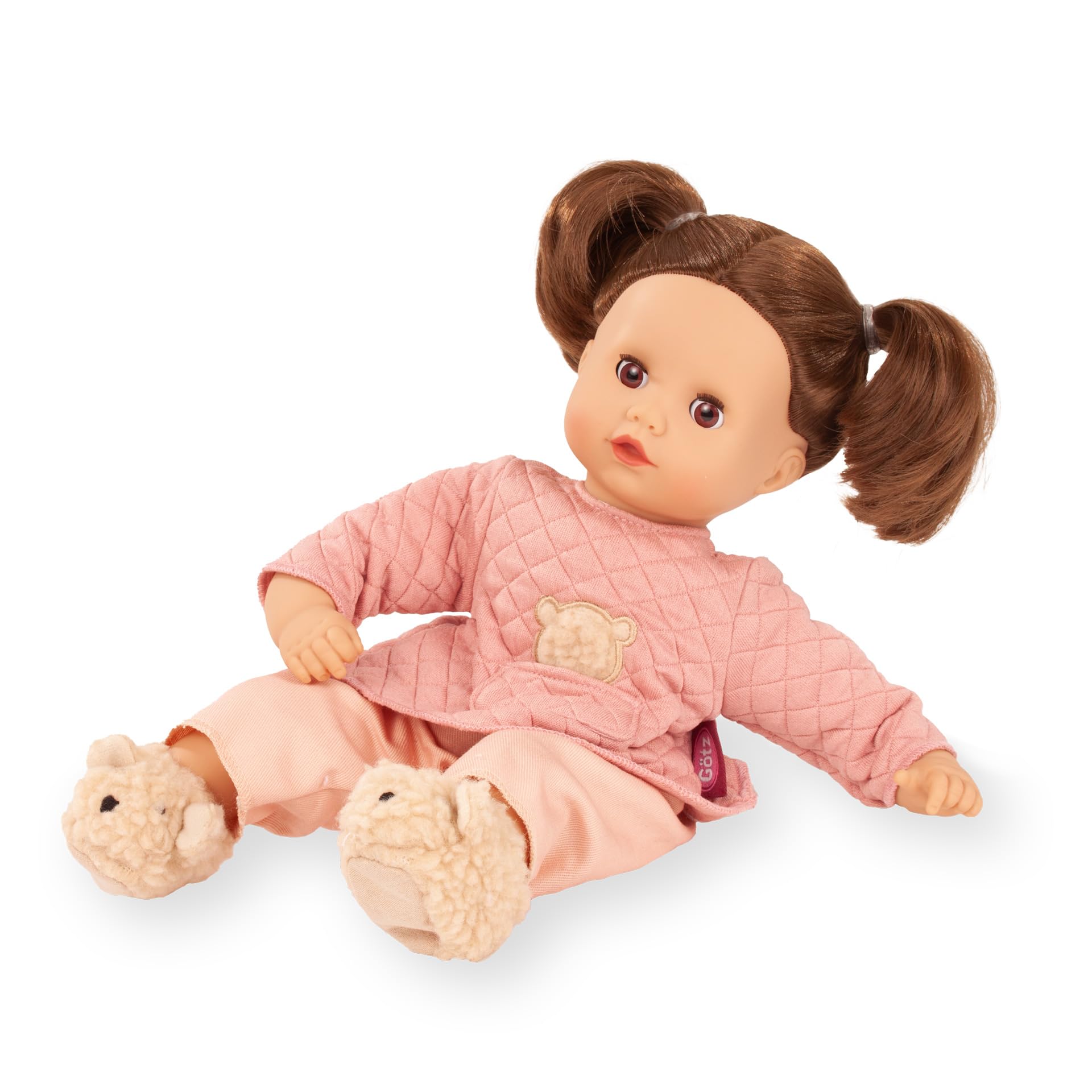 Götz 2620971 Muffin Bärig Puppe 33 cm Babypuppe braune Schlafaugen | 7-tlg, braune Haare, Weichkörper, für Kinder ab 3 Jahren, frisierbar, waschbares Haar, mit Schnuller und Ohrwärmern