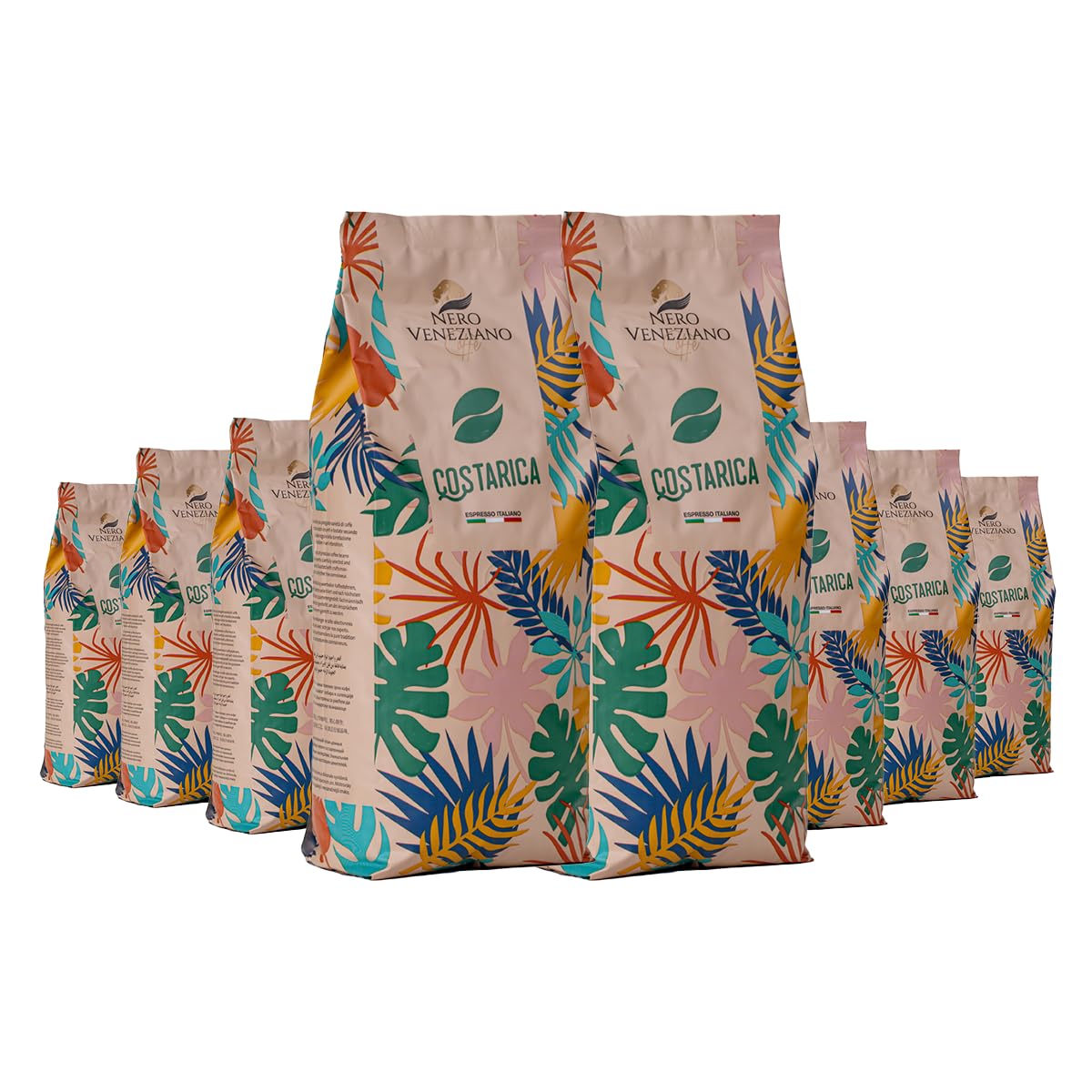 Nero Veneziano Costa Rica Caffè in Grani 8x1 kg, 50% Arabica 50% Canephora, Tostatura Media, Note di Bacche Rosse e Agrumi, Corpo Robusto, Bassa Acidità, per Espresso e Automatiche