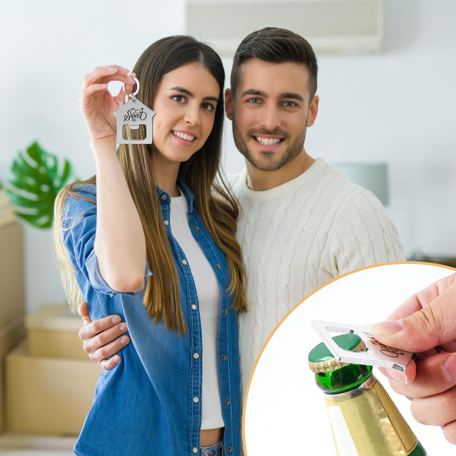 24/48/100/150/200 Llavero de regalo a granel con forma de casa de cerveza abrebotellas con bolsa de organza para clientes inmobiliarios
