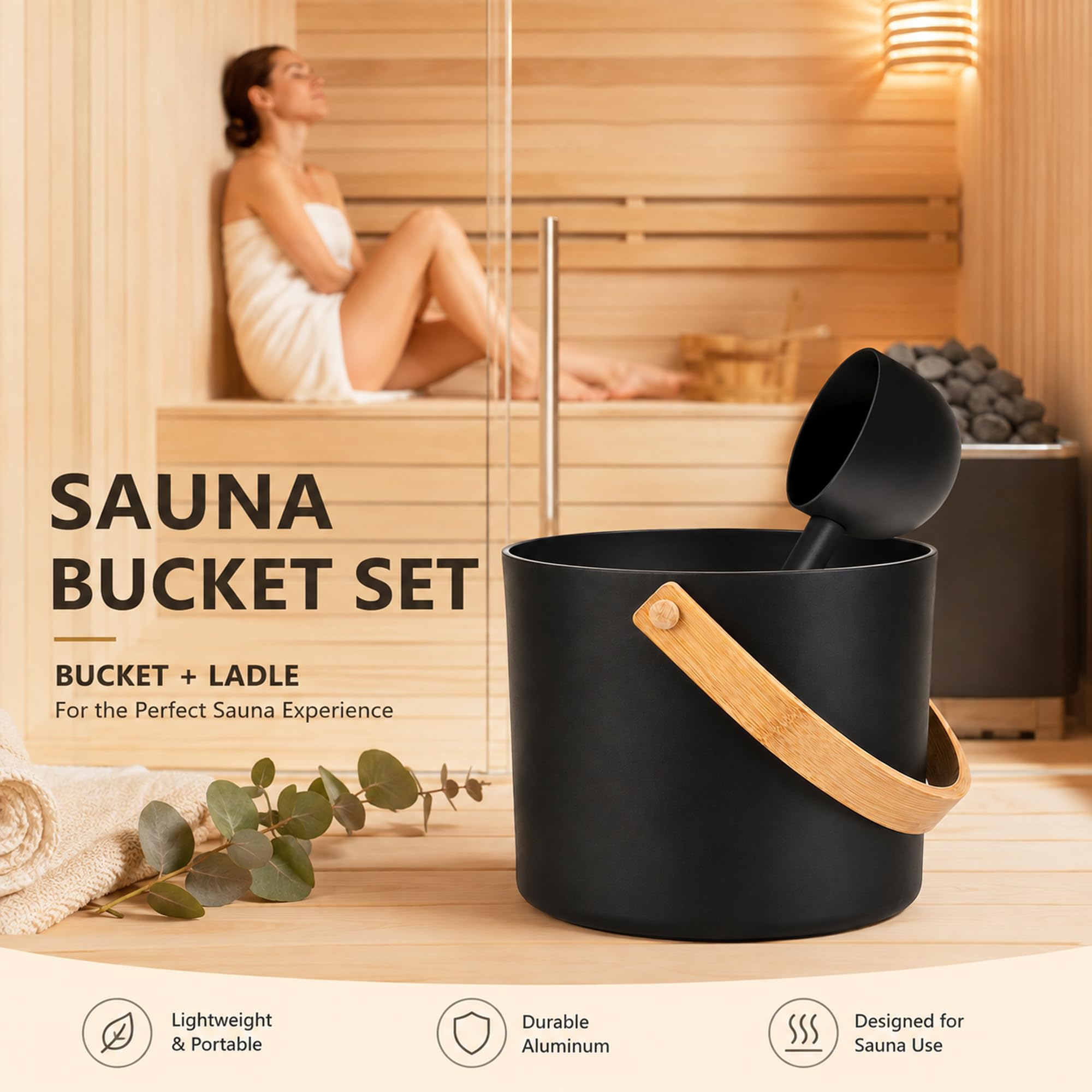 Zestaw wiadra do sauny, 7L, aluminiowy, z kadzią, miską, termometrem | Do łazienki i hotelu; kompletny; w zestawie klepsydra.