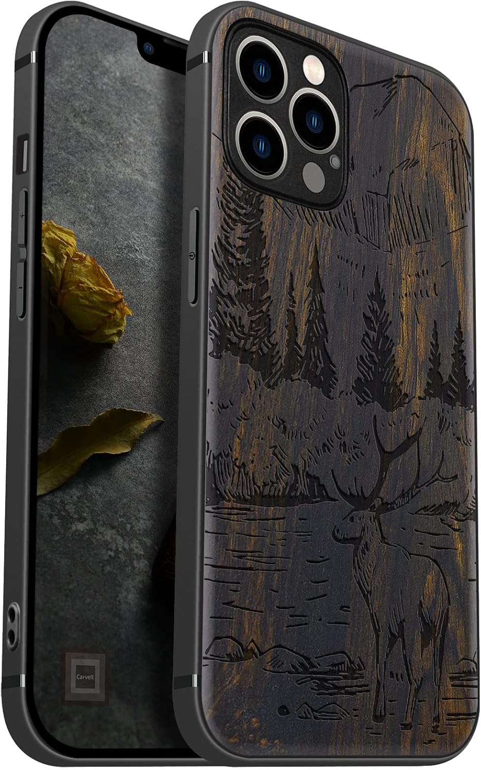 Carveit Magnetic Wood Case for iPhone 12 Pro - Natural Wood & Black Soft TPU - Shockproof Protective Cover - Classy Wooden Case - Compatible with MagSafe (Mountains and Deer - Blackwood)