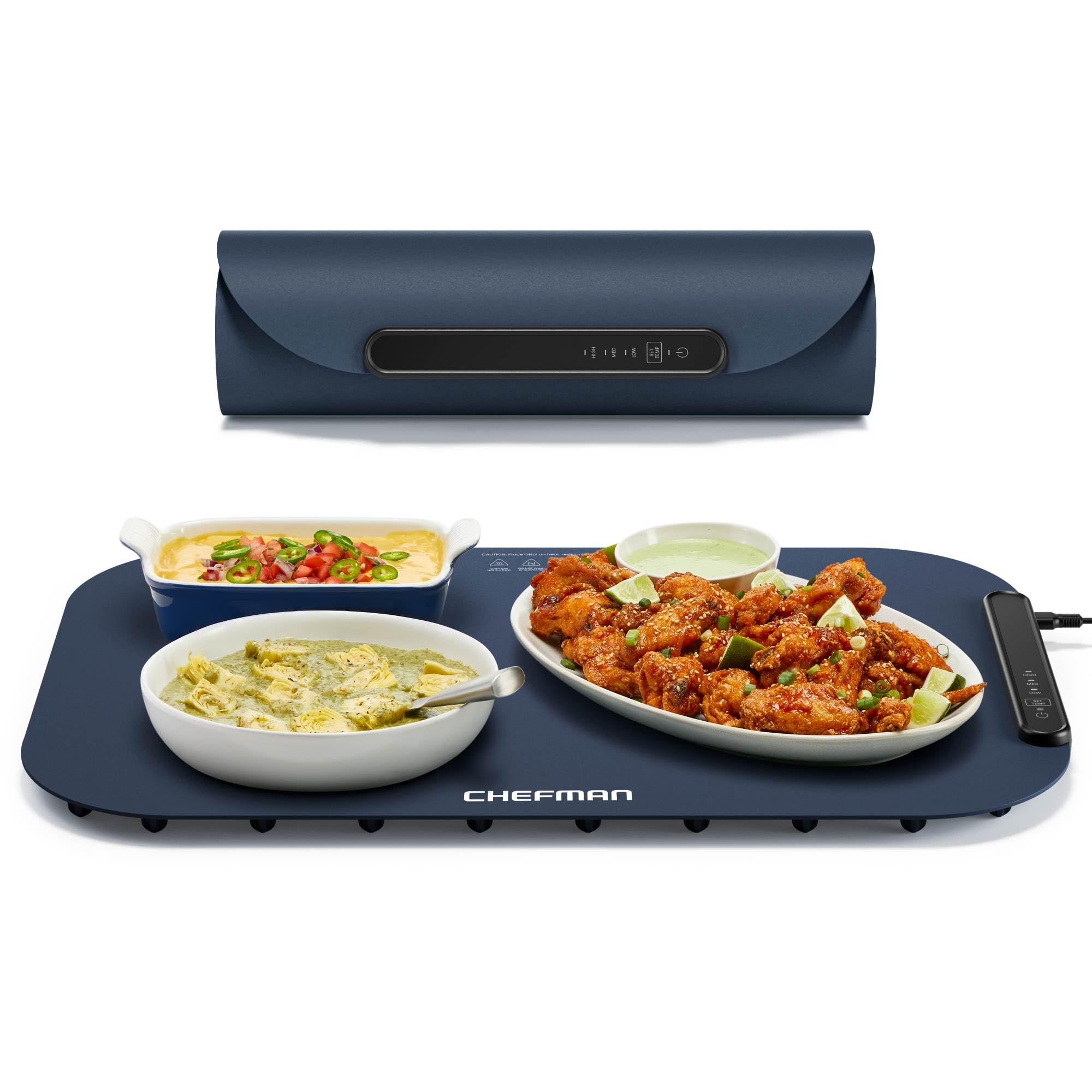 Chefman Roll n’ Go Food Warming Mat, Electric Warming Tray for Buffets, Parties, Holidays, 3 Temperature Settings, Easy-Clean Silicone Mat, Roll Up Food Warmers w/Storage Bag - Blue