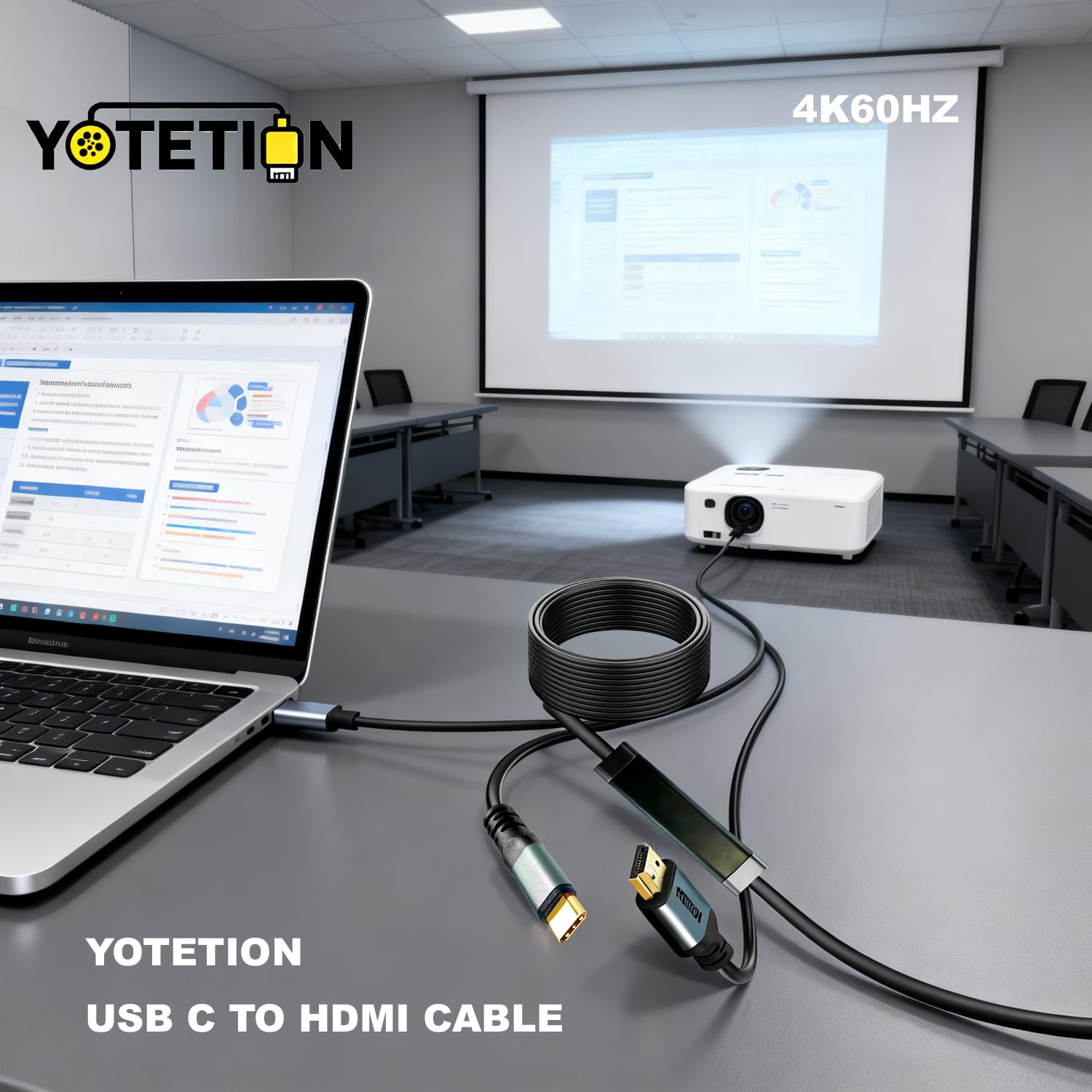 Cable USB C a HDMI de 40 pies, 4K60HZ, 1080P, cable largo tipo C a HDMI, USB C (fuente) compatible con iPhone 15-16-17, MacBook Pro/Air, iPad, Mac Mini, Galaxy, XPS, HDMI (pantalla) compatible con TV