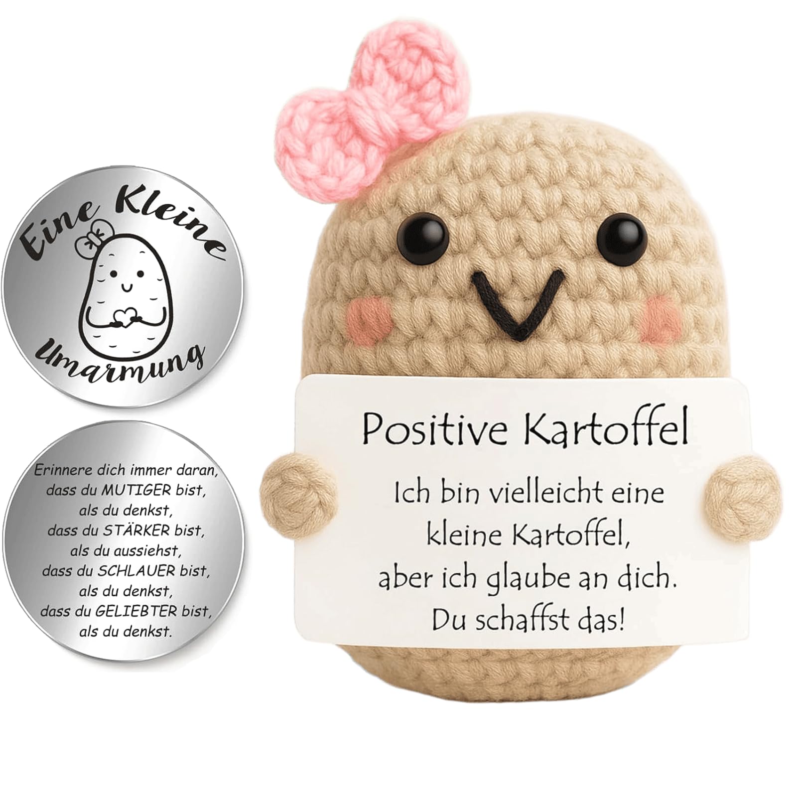 LEMONSTONE Pocket Hug Pozytywna figurka ziemniaczana, ręcznie robiona dzianina, dekoracyjna figurka z małym uściskiem, talizman, srebrna, kreatywna szydełkowana lalka, dla przyjaciół, kolegów z