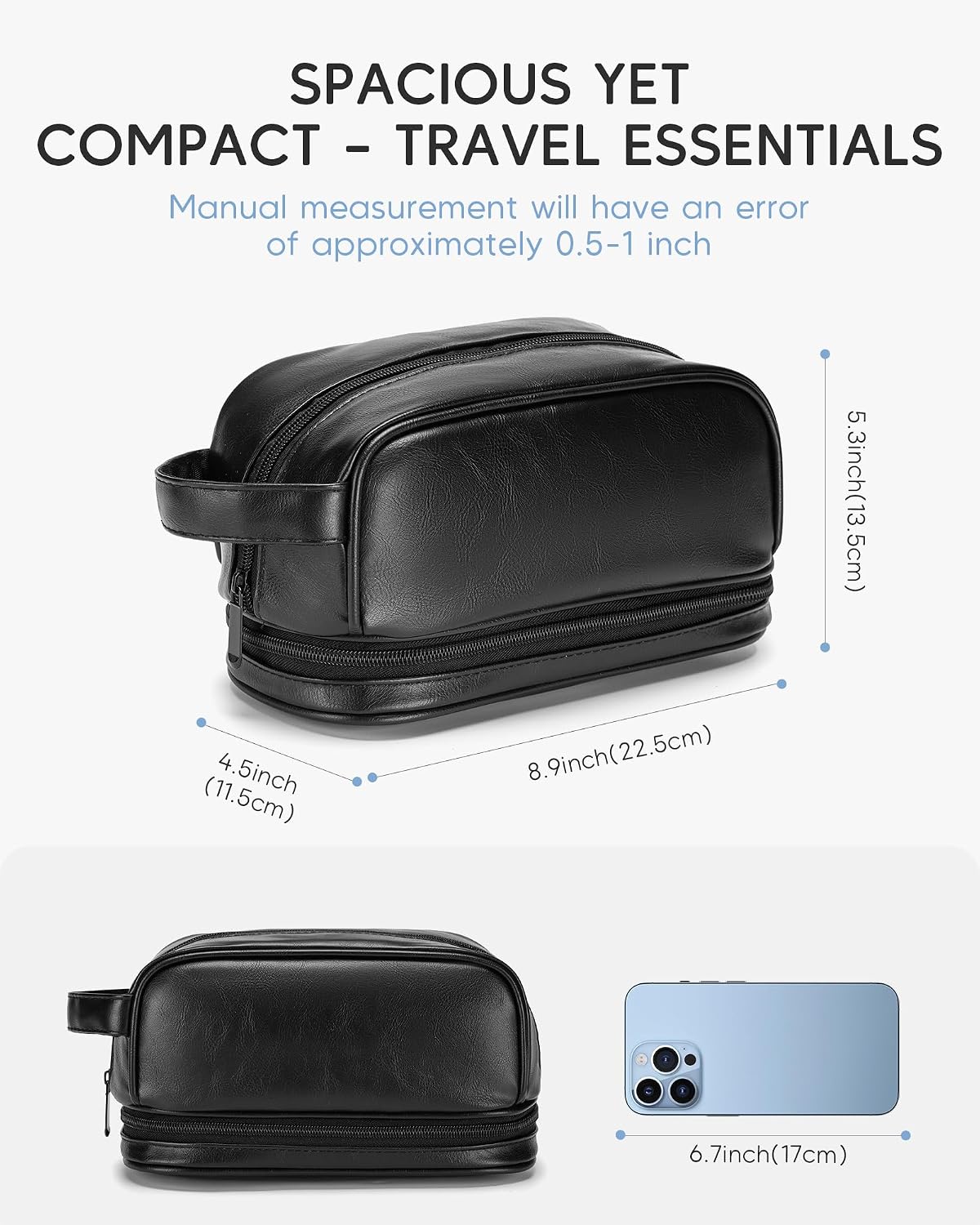 TSA Approved Toiletry Bag for Men Vegan Leather Travel Essentials Shaving Dopp Kit Toiletries Organizer Case for Grooming Farther Day Gift,Black