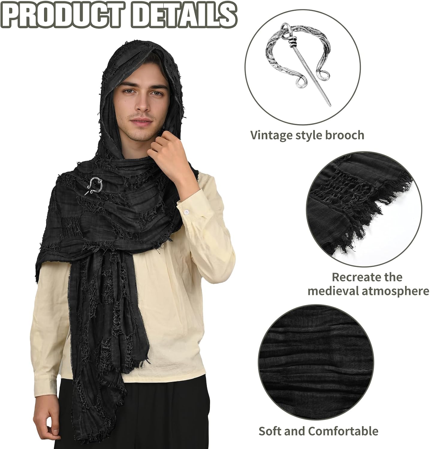 Wrap Dune Hooded Shawl Medieval Cloak Renaissance Costume Cape Shaman Cowl With Viking Brooch - Image 3