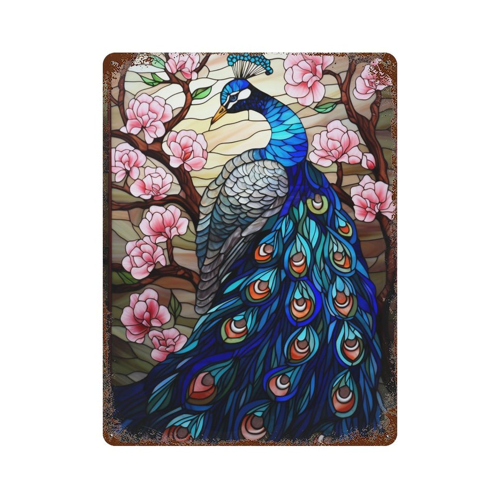 Rust Effect Stained Glass Peacock Artwork-5 Vintage Rust Metal Sign 15.7"x11.8", Decorative Metal Wall Art for Shed, Workshop And Garage Wall Decor