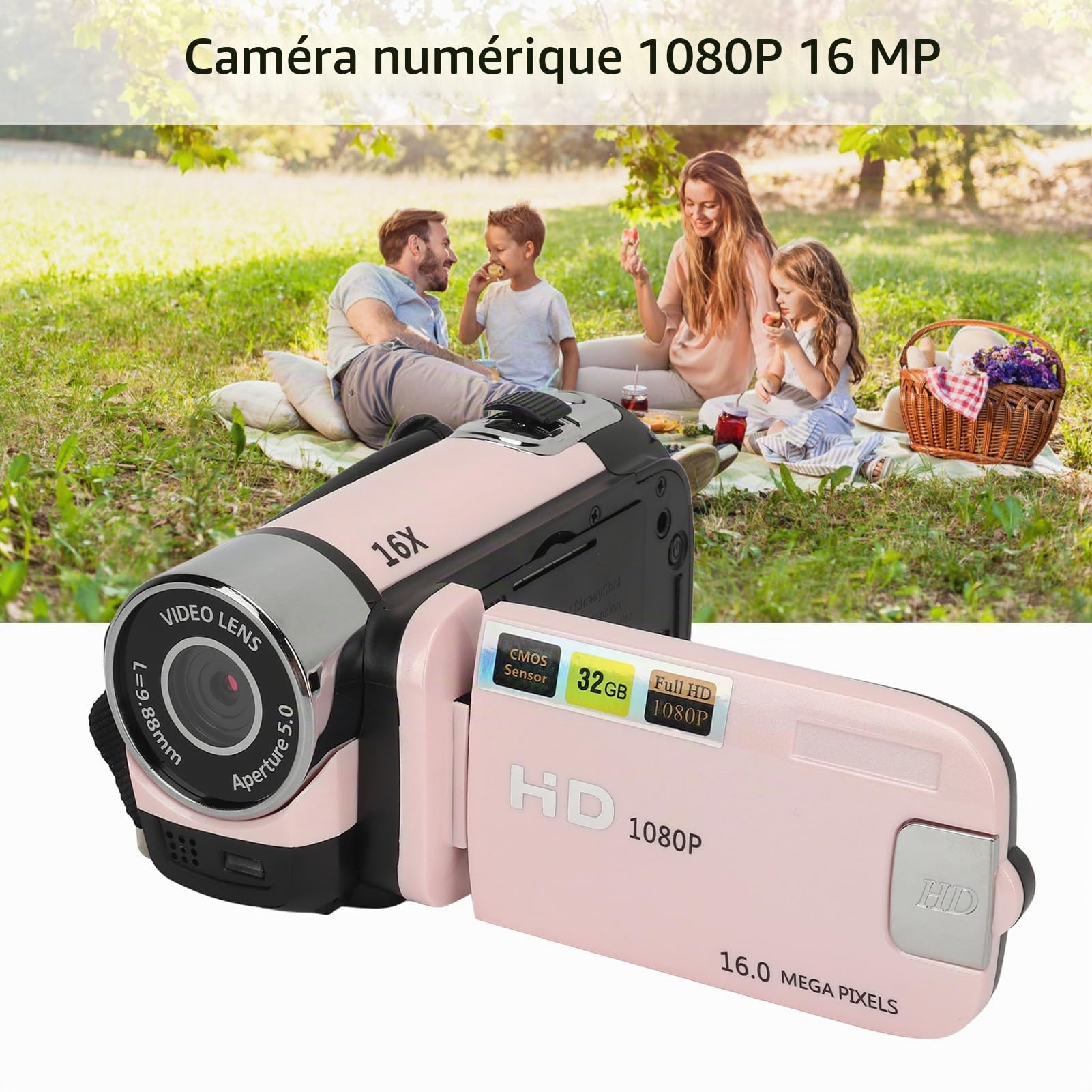 ASHATA Caméscope de Caméra Vidéo D90, Enregistreur D'appareil Photo Numérique 1080P 16MP, écran Rotatif de 2,4 Pouces, Caméscope à Zoom Numérique 16X avec Lumière de
