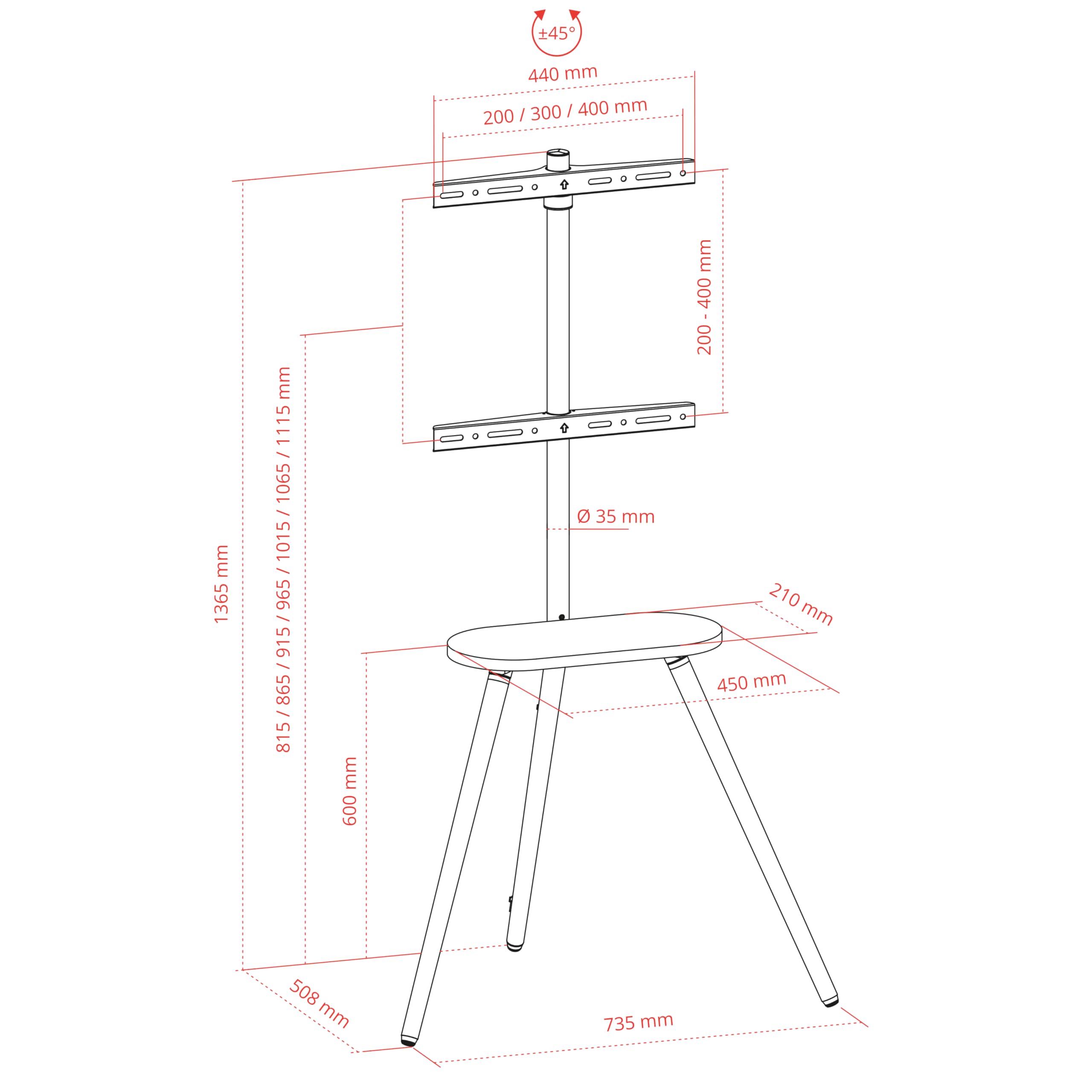 METRONIC 451077 Support TV sur Pied Television Universel 43 à 65 Pouces (109-165 cm) Pivotant avec Trepied Bois au Sol - Stand pour Télé, Max Vesa 400x400 jusqu'à 35 Kg