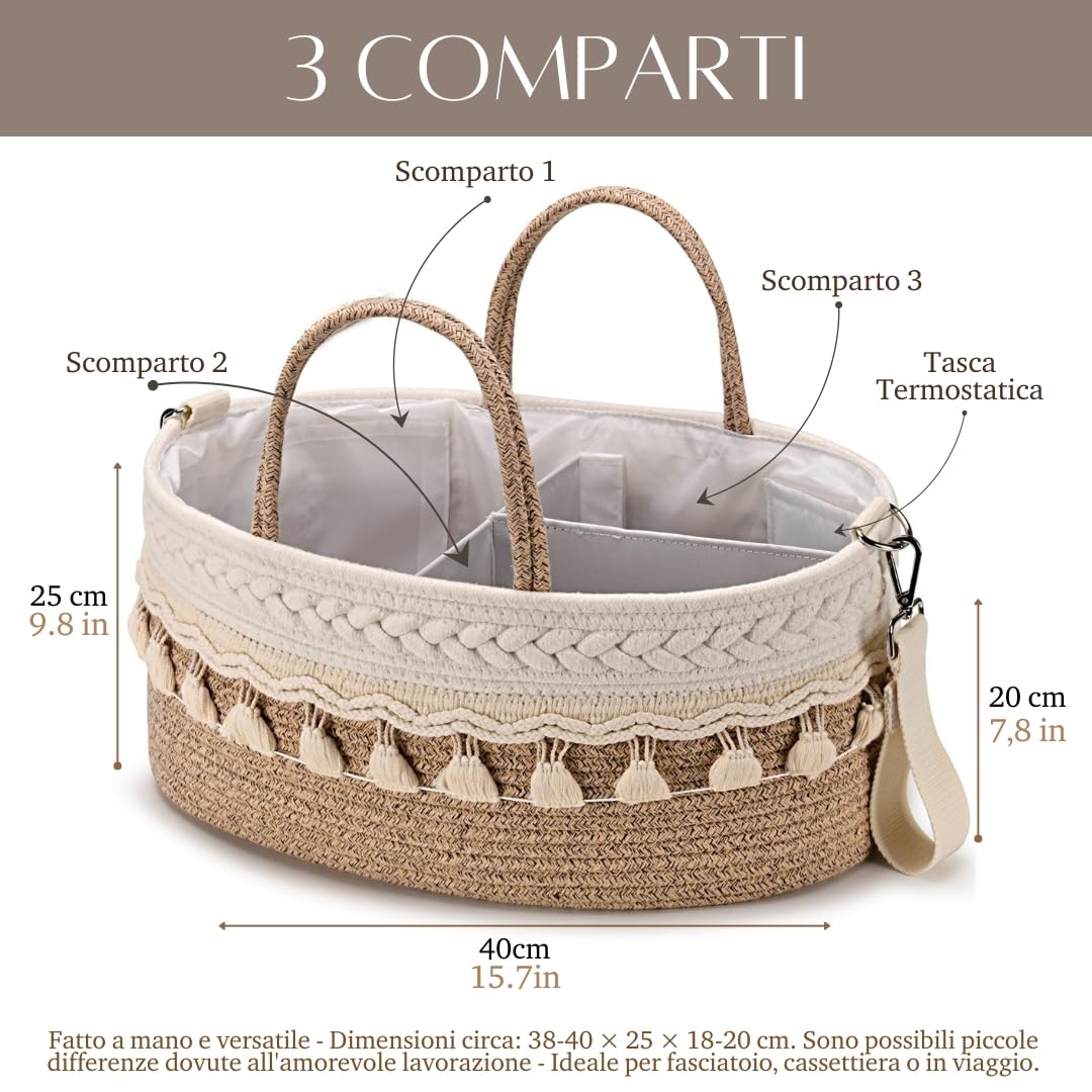 SEBRAM Organizer Fasciatoio per Neonati – Organizer Pannolini Beige Boho, Cesta Fasciatoio Neonato con Tracolla Regolabile & Tasche Termiche/Include maniglie bianche (vedi video)