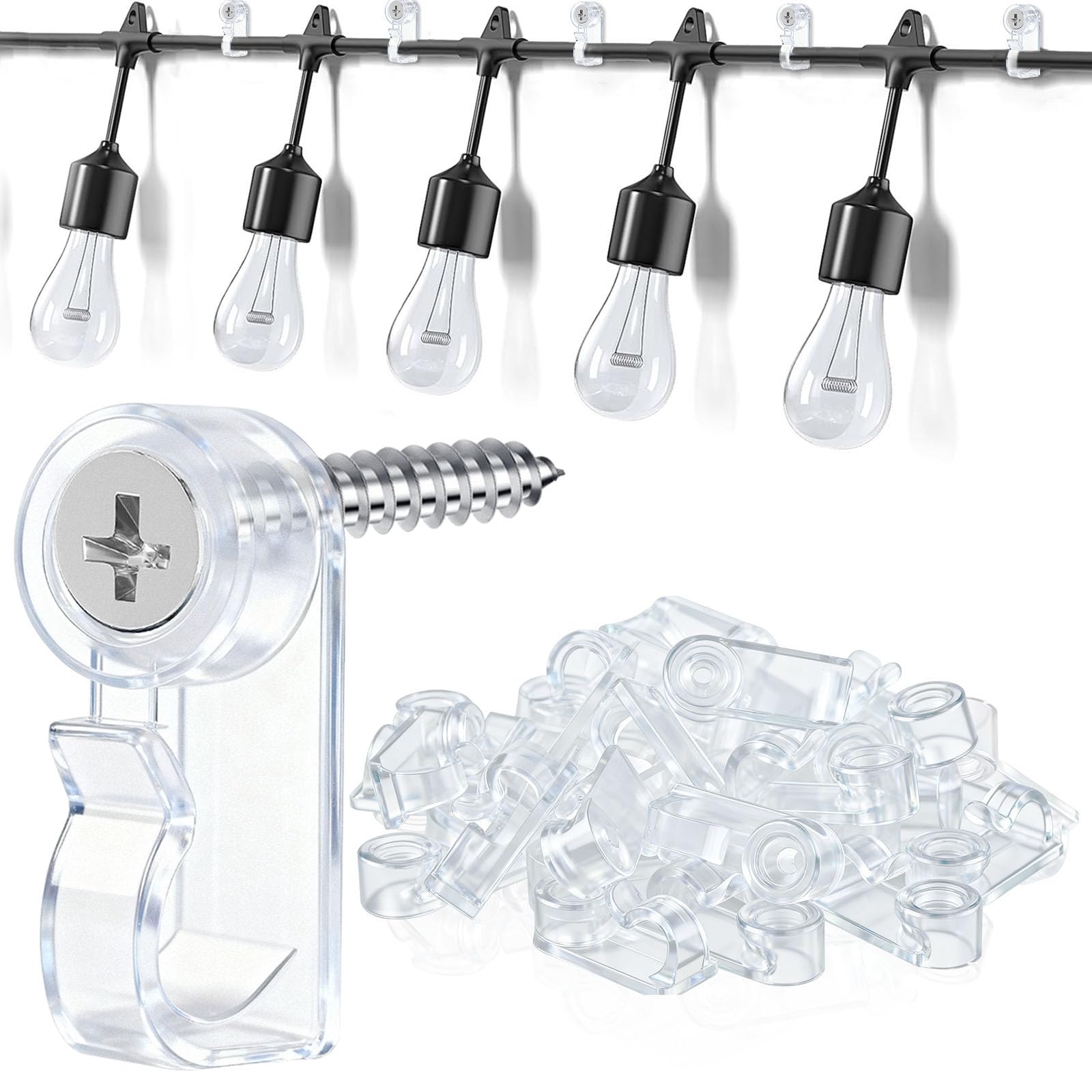 50 Pack Hooks for Outdoor String Lights, Christmas Light Clips bulk with Screw, Weatherproof Light Hanger Hooks for Hanging Christmas Lights,Wall Cable,Fairy Lights on Fence Patio Gutter (Clear)