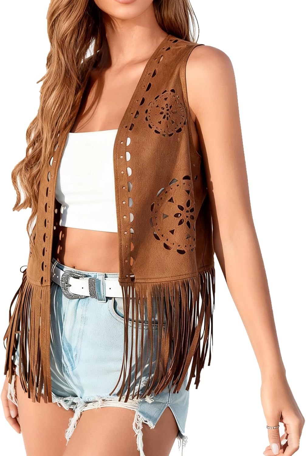 Women Western Tassels Vest Tops 70s Hippie Faux Suede Fringe Vests Jacket Cardigan Open Front Rodeo Cowgirl Shirt - Image 3