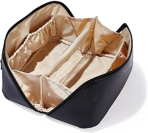 EACHY Travel Makeup Bag,Large Capacity Cosmetic Bags for Women,Waterproof Portable Pouch Open Flat Toiletry Bag Make up Organizer with Divider and Handle (Black, Medium)