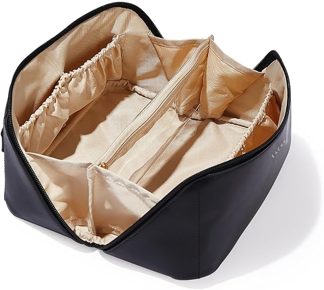 EACHY Sac de maquillage de voyage,Grandes capacités Sacs Cosmétiques pour femmes,Poche Portable Étanche Sac de toilette plat ouvert Organisateur avec Diviseur et Poignée (Noir, Medium)