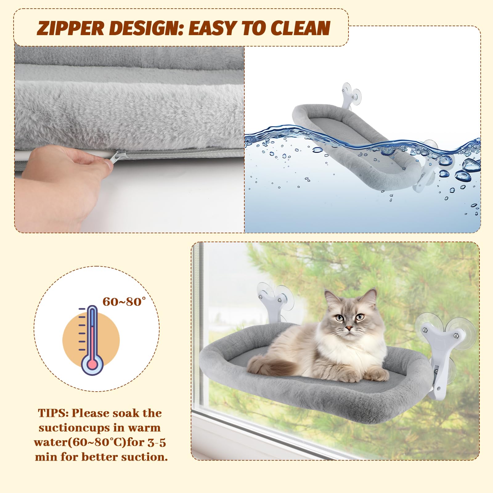 Sprifityy Hamac pour Chat,avec ventouses Stables,Chaise Longue Pliable,hamac de fenêtre,lit pour Animaux de Compagnie,Bain de Soleil,capacité de Charge jusqu'à 23 kg (Gris, XL)