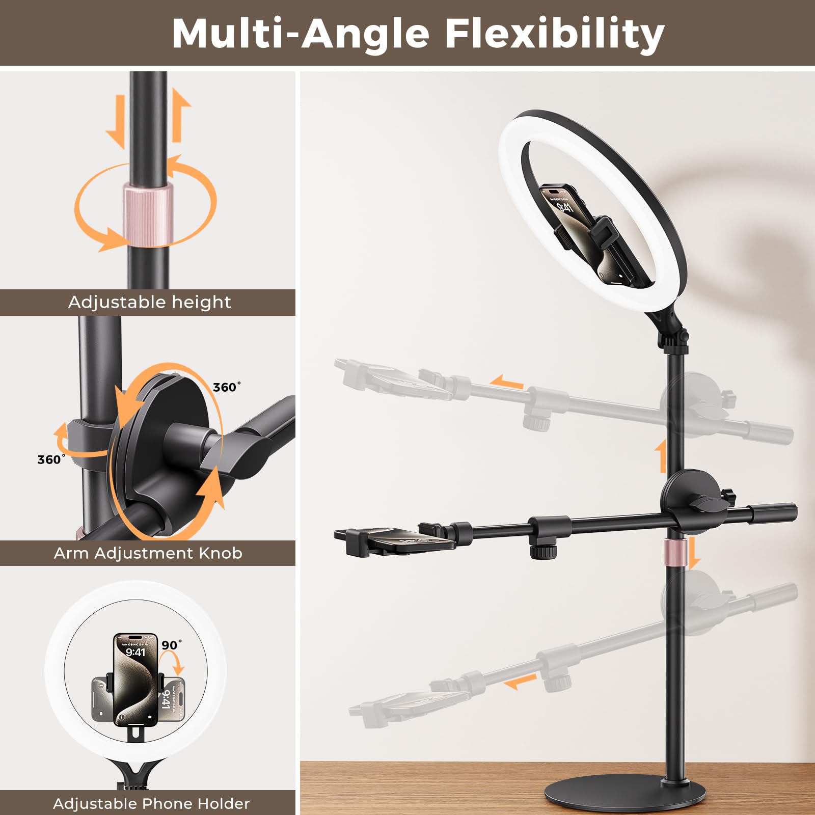 Anillo de luz de escritorio de 11 pulgadas, anillo de luz inalámbrico Bluetooth con soporte y soporte para teléfono, soporte de teléfono para grabación de video, trípode para cocinar videos, lámpara