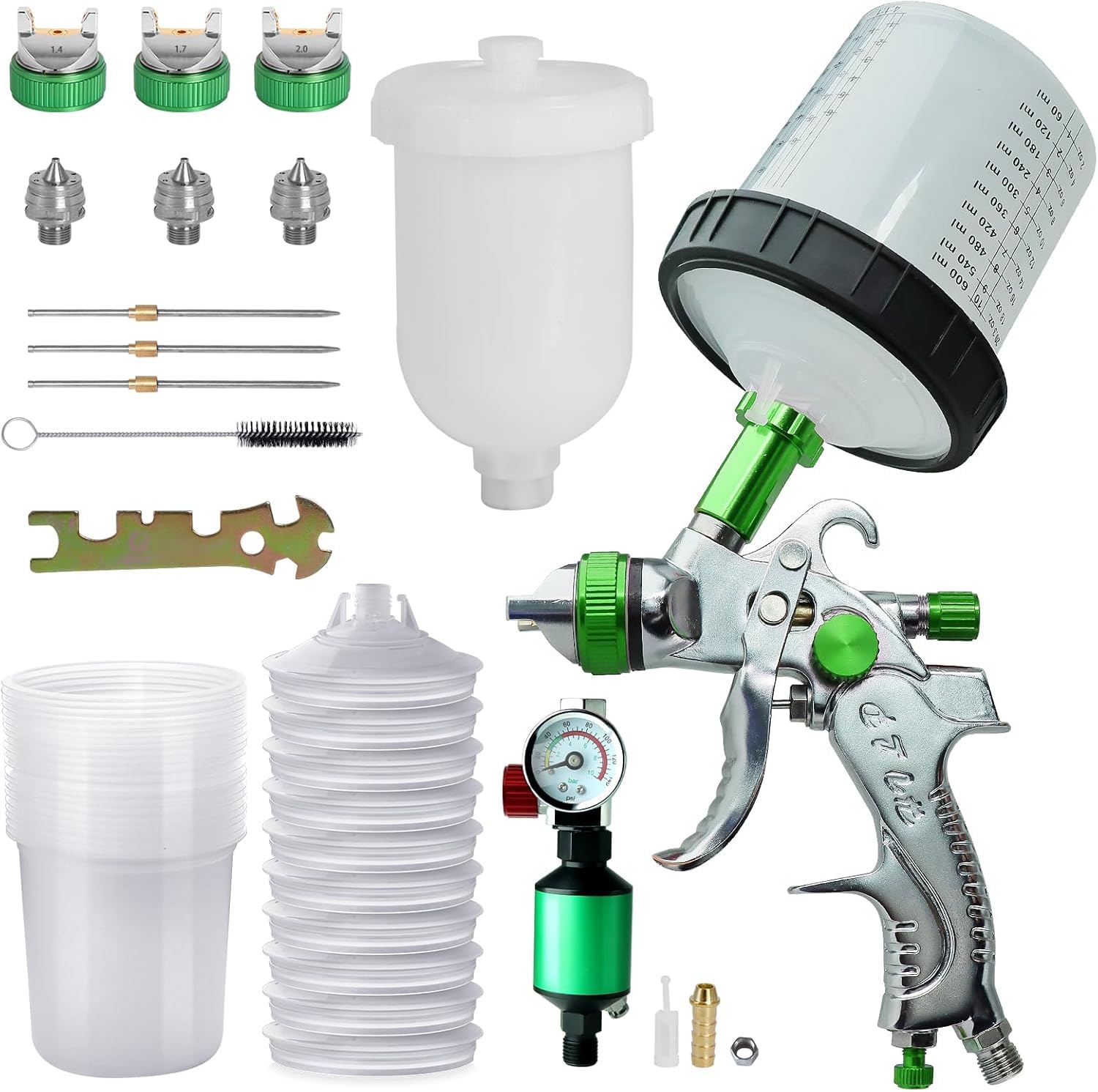 HVLP - Pistola a spruzzo per verniciatura, 3 ugelli da 1,4 mm, 1,7 mm, 2,0 mm, sistema di spruzzo professionale con 600 ml, tazza di plastica, 10 pezzi, 600 ml, con regolatore di pressione dell'aria