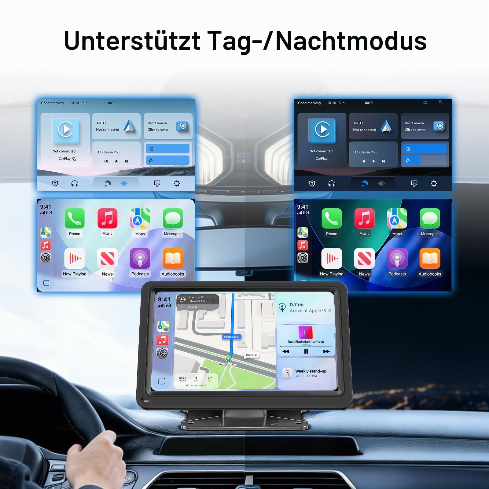 7 Zoll Tragbarer CarPlay Bildschirm mit Wireless Android Auto IPS Display | Mirror Link Tag-Nacht-Modus Bluetooth FM Transmitter AUX Eingang 12-24V Fahrzeuge und kompaktes Design für einfache Montage