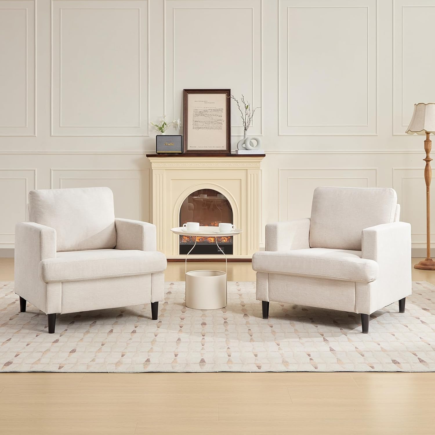 Sillón de sala de estar, sillas modernas de mediados de siglo, cómodas tapizadas de tela de lino, silla individual, silla de lectura para dormitorio con patas de madera maciza (76D * 86S
