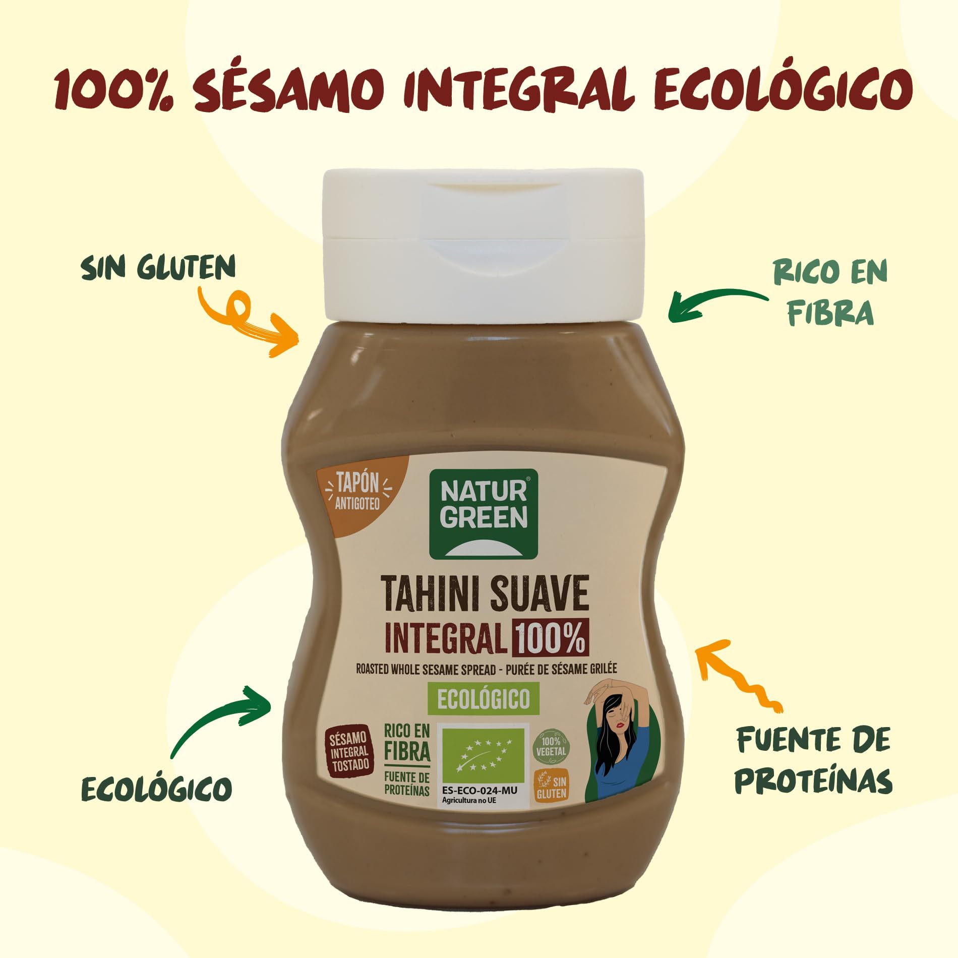 NaturGreen - Tahini Suave Integral Bio, 270 g, Tapón Antigoteo, Puré de Sésamo 100% Ecológico, Textura Cremosa, Rico en Fibra, Sin Gluten ni Azúcares, Fuente de Proteínas, Recetas Saludables