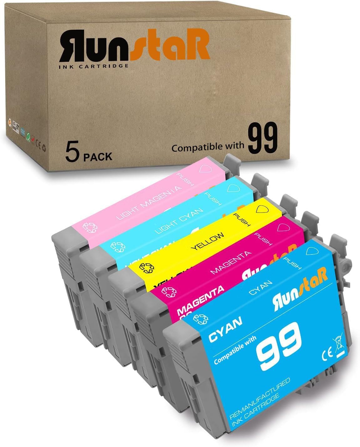 Run Star Remanufactured for 99 T099 T99 Combo Pack Ink Cartridge Replacement for Epson 99 T099 98 T098 use with Epson Artisan 700 710 725 730 800 810 835 837 Printer (5 Packs, C/M/Y/LC/LM)