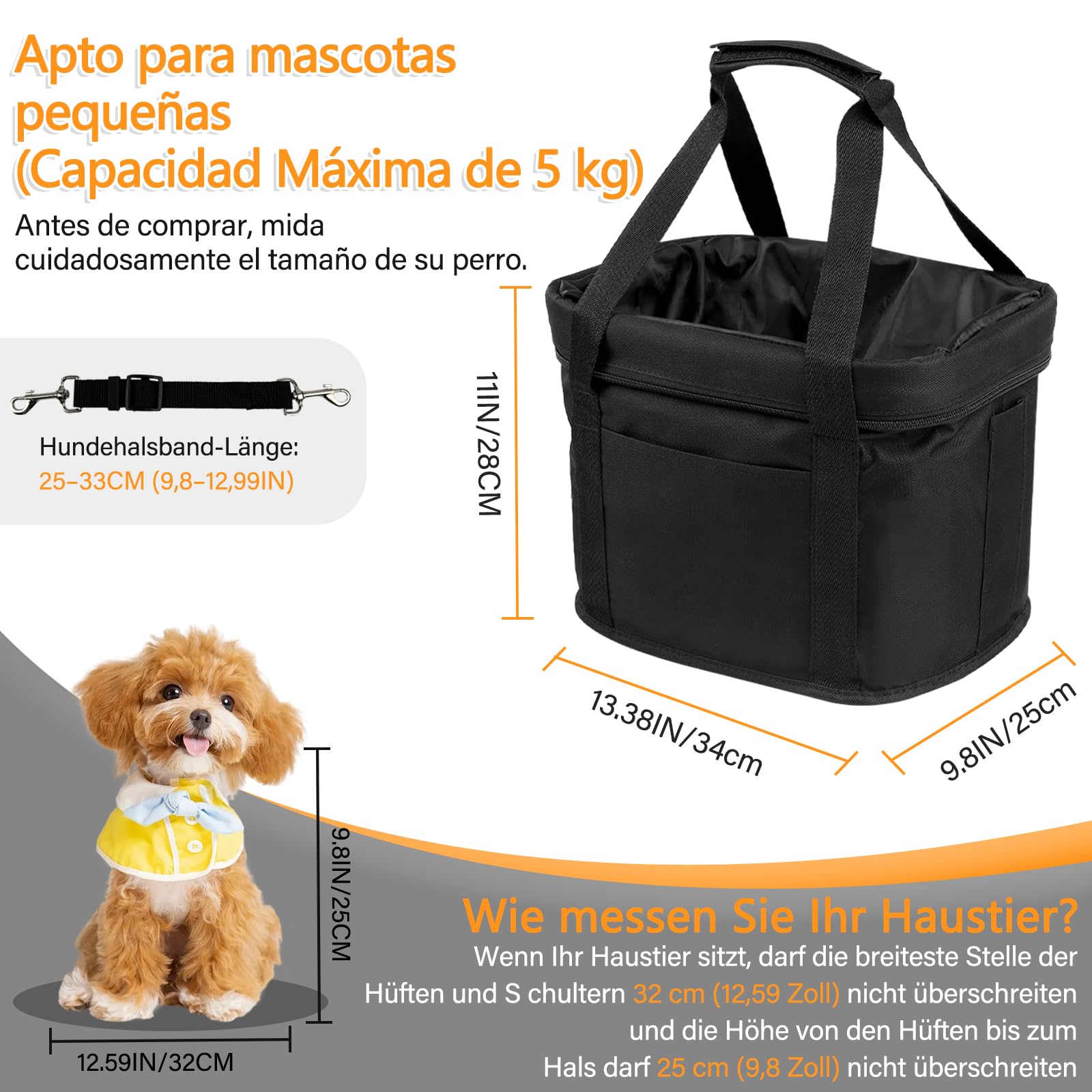 Cesta Bicicleta Delantera, Cesta Bicicletas para Perros Pequeños | Con Adaptador de Manillar, Plegable, Desmontable, para Mascotas, Bolsa de Compras, Cesta de Picnic, Negro